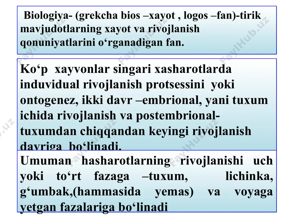 ydi. ular kapalak qurtlarida 2-5, arrakashlarda (pardaqanotlilar) 6-8 juftdir. kapalak lichinkalari qurt, ularga o‘xshash tuzilishdagi arrakash lichinkalari esa soxta qurt deb ataladi. lichinkalar rivojlana borish protsessida bir necha marta (4-5 marta) tullaydi. tullashlar oralig‘idagi davr yosh deb ataladi. lichikaning tuxumdan chiqib birinchi tullashga qadar bo‘lgan davr birinchi yosh xisoblanadi. so‘ngra har xil tullash ketidan navbatdagi yosh farqlanadi.so‘nggi yoshda lichinka tez rivojlanishi oxirida g‘umbakka (to‘liq o‘zgarishli xasharotlar) yoki birdaniga yetuk zotga (to‘liqsiz o‘zgarishli xasharotlar) aylanadi. bir qator xasharotlar (kapalaklar, parda qanotlilar)ning lichinkalari g‘umbak fazasiga o‘tishdan ilgari o‘rgimchak uyasi ipi singari ip tolalardan pilla o‘raydi va uning ichida g‘umbaklanadi. pillani ip tola chiqarish bezlari bo‘lgan lichinkalariga o‘raydi. bunday bezlar suyuqligi pastki labning maxsus teshikchasidan ingichka oqim kabi ajralib, xavoda tezda qotadi. ko’p xasharotlarning lichinkalari tuproq ichida g’umbakka aylanadi. tanasi atrofini tuproq bilan zichlashtirib, beshikcha yaseydi. g’umbak lichinkaning yetuk hasharotga aylanish fazasidir. g’umbak xarakatiz, lekin unda yetuk hasharotga xos organlar hosil bo’lish jarayoni …