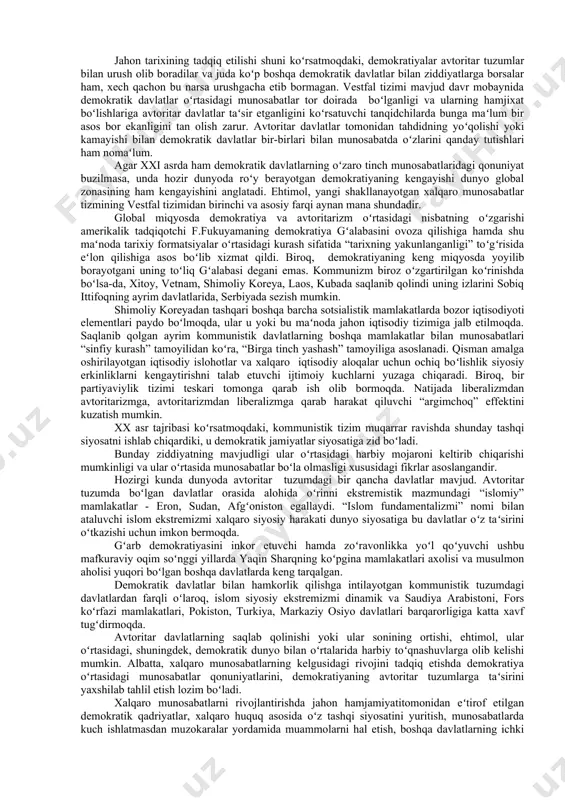 i; -oʻzbekistonning milliy manfaatlariga mos tushadigan hujjatlar ratifikatsiya qilindi; mamlakat xalqaro faoliyatini muvofiqlashtirib turadigan qonunlarni ishlab chiqish va qabul qilish, “qabul qilingan xalqaro shartnomalar toʻgʻrisida”gi qonun, “konsullik ustavi” shular jumlasidandir. ulardan tashqari bojxona xizmatining huquqiy asoslarini yaratuvchi qonunlar, havo kodeksi ham qabul qilindi. i.a.karimovning “oʻzbekistonning oʻz istiqlol va taraqqiyot yoʻli” kitobining tashqi siyosatga bagʻishlangan bobida ushbu faoliyat yoʻnalishlari aniq-ravshan ifodalab berilgan. jumladan, kitobda milliy manfaatlar oʻzbekiston tashqi siyosatining ustuvor maqsadi ekanligi qatʻiy bayon etilgan. manfaat bu zaruriy ehtiyojdir. ehtiyojlar esa birinchi galda oʻzbekiston uchun taraqqiyotning muayyan jugʻrofiy va tabiiy, iqlimiy, demografik holatimiz, xalqimizning koʻp millatli tarkibi, uning tarixiy va madaniy merosi, maʻnaviyat omili, ishlab chiqarish kuchlari taraqqiyotining darajasi, xom ashyo va zamonaviy texnologiya bilan taʻminlanganlik, davlatning xalqaro munosabatlardagi oʻrni va hokazolardir. bu omillar oʻzbekistonning ehtiyojlarini belgilaydi. ehtiyojlar esa manfaatlarda oʻz ifodasini topadi. davlat manfaatlari uning tashqi siyosiy faoliyatini belgilaydi. shu jihatdan, oʻzbekistonning tashqi siyosiy manfaatlari xalqaro aloqalarni rivojlantirayotgan, uning tuzilmalari …