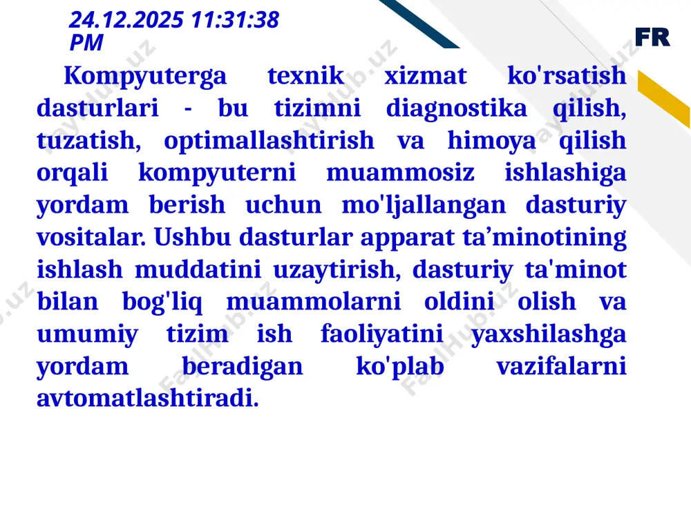qilib, qaysi fayllar ko'proq joy egallayotganini va ularni o'chirish mumkinligini ko'rsatadi. veb brauzerlar, dasturlar va operatsion tizim tomonidan yaratilgan kesh fayllarni o’chiradi. kesh fayllari tez-tez ishlatiladigan ma'lumotlarni saqlash uchun ishlatiladi, ammo vaqt o'tishi bilan ularning soni ortib, kompyuter tezligini sekinlashtirishi mumkin. fr 6 24.09.2024 14:41:29 disk tozalash dasturlari ccleaner bleachbit cleanmypc windows disk cleanup glary utilities fr 7 24.09.2024 14:46:42 ccleaner dasturi fr 8 24.09.2024 14:52:12 ccleaner dasturi fr 9 24.09.2024 14:52:37 ccleaner dasturi fr 10 24.09.2024 14:53:09 ccleaner dasturi fr 11 24.09.2024 14:53:30 ccleaner dasturi fr 12 24.09.2024 14:53:52 ccleaner dasturi fr 13 24.09.2024 15:01:25 defragmentatsiya dasturi defragmentatsiya dasturlari kompyuterdagi qattiq diskda (hdd) parchalanib ketgan ma'lumotlarni qayta tashkil qilish uchun ishlatiladi. ma'lumotlar qattiq diskda saqlanayotganda vaqt o'tishi bilan parchalanishi mumkin, ya'ni fayllarning qismlari diskning turli joylarida joylashadi. bu esa fayllarni o'qish jarayonini sekinlashtiradi, chunki qattiq diskning o‘qish boshi fayllarni yig'ish uchun bir necha joyga murojaat qilishi kerak bo'ladi. defragmentatsiya …