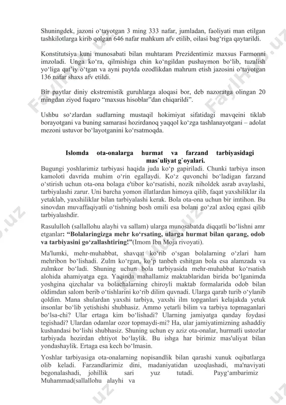 rilsa, u davlat va jamiyatga ko‘p foyda yetkazadi. bunga uning pushaymoni kuch beradi. binobarin, alloh taolo o‘zining kalomida: “yaxshilik bilan yomonlik barobar bo‘lmas, siz (har qanday yomonlikni) eng go‘zal so‘zlar bilan daf’ qiling! (shunda) banogoh siz bilan o‘rtalaringizda adovat bo‘lgan kimsa qaynoq - sodiq do‘st kabi bo‘lib qolur” (fussilat, 34), deb marhamat qilgan. muhtaram prezidentimiz o‘zbekiston respublikasi konstitutsiyasi qabul qilinganining 26 yilligiga bag‘ishlangan tantanali marosimdagi ma’ruzasida: “keyingi ikki yilda sudlar mustaqilligini ta’minlash bo‘yicha ham muhim choralar ko‘rildi. jumladan, joriy yilning o‘zida 1 ming 881 ta jinoyat ishi dalillar yetarli bo‘lmaganligi sababli tugatildi, sudlar tomonidan 590 nafar shaxs oqlandi. vaholanki, bu raqam 2016 yilda – e’tibor bering – bor-yo‘g‘i 28 tani, 2017 yilda esa 263 tani tashkil etgan edi. shuningdek, 5 ming 462 nafar shaxsga nisbatan tergovda asossiz qo‘yilgan moddalar ayblovdan chiqarib tashlandi, 2 ming 449 nafar shaxs esa sud zalidan ozod qilindi. sudlarda ishlarni yillar davomida qayta-qayta ko‘rish amaliyotiga butunlay …