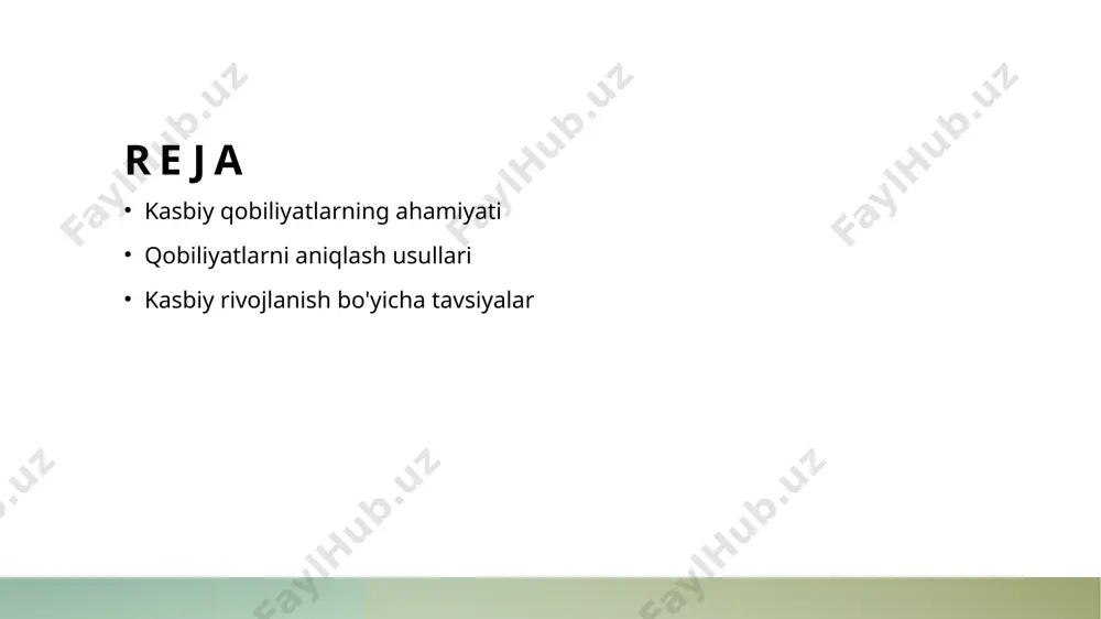 . muvaffaqiyatli karyera qobiliyatlar, muvaffaqiyatli karyera uchun asosiy omil hisoblanadi. ular orqali professional tarmoqni kengaytirish va yuqori lavozimlarga erishish imkoniyatlari yaratiladi. kasbiy qobiliyatlarni aniqlashda xalqaro tajribalar va tendensiyalar. 1 xalqaro tajribalar ko'plab mamlakatlar kasbiy qobiliyatlarni aniqlashda turli metodlardan foydalanadi. masalan, aqshda ish beruvchilar psixometrik testlardan keng foydalanadi. 2 tendensiyalar hozirgi kunda kasbiy qobiliyatlarni aniqlashda raqamli texnologiyalar va sun'iy intellektning roli oshmoqda, bu jarayonni yanada samaraliroq qiladi. 3 qobiliyat baholash xalqaro tajribalar ko'rsatmoqda, qobiliyat baholashning kombinatsiyalangan usullari, masalan, intervyular va testlar, eng samarali natijalarni beradi. 4 o'zgaruvchan bozor mehnat bozori tez o'zgarayotganligi sababli, kasbiy qobiliyatlarni aniqlash metodlari ham yangilanmoqda. ushbu yangiliklar talabalarning muvaffaqiyatiga ta'sir qiladi. qobiliyatlarni aniqlash: nima uchun bu jarayon muhim? 1 qobiliyatlarni aniqlashning ahamiyati - qobiliyatlarni aniqlash, shaxsning kuchli va zaif tomonlarini aniqlashga yordam beradi, bu esa karyerada muvaffaqiyatga erishish uchun muhimdir. 2 karyerada muvaffaqiyat - qobiliyatlarni aniqlash, shaxsning karyera yo'lini belgilashda muhim rol o'ynaydi, chunki bu qobiliyatlar professional …