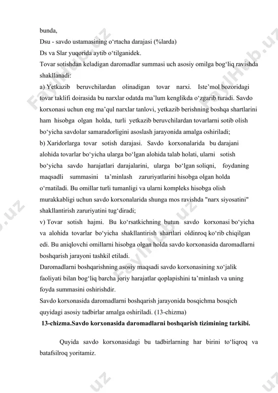 natijasi amalga oshiriladi, korxonaning ishlab chiqarish, sotish tarkibining barcha bo‘g‘inlari uning marketing xizmatini va ishining samaradorligani aniqlaydi. pirovard natijada narxlar ishbilarmonga, firmaga rejalashtirgan daromadini ta’minlaydi. narx - bu mehnat mahsulining qiymatini pul shakli bo‘lib, mahsulot muomalasi sharoitida almashtirish sohasidagi o‘zgarishlar, mahsulot-pul munosabatlarini belgilash vositasi. bu esa xo‘jalik yurituvchi subyektlarning moliya resurslarini yig‘ilishiga imkon yaratadi. xizmat ko‘rsatish sohasiga va mahsulot muomalasi shakliga qarab narxlar quyidagi turlarga bo‘linadi. ulgurji narx - bu ko‘tara-savdo bazalari har xil chakana savdo muassasalariga tovarlarni sotadigan narxdir. u o‘z navbatida korxona ulgurji narxi va ulgurji sotuvchi tashkilotlarning savdo qo‘shimchalaridan iborat. chiqarish iarxi - bu mahsulot ishlab chiqaruvchi korxonalarni o‘z xaridorlariga aholidan tashqarida hisob-kitob qiladigan narxdir. bu narx har ikkala tomonning kelishuvi bilan yoki narx belgilovchilar tomonidan belgilanadi. mahsulot ishlab chiqaruvchilar (sotuvchilar) har hil saviyadagi narxlarni bir turdagi mahsulot bo‘yicha kelishish huquqiga ega, bunga mahsulot yetkazib berish, pul to‘lash, bozor nomenklaturasi, mavsumiy talab kabilar ta’sir ko‘rsatadi. ko‘tara ustamalarning …