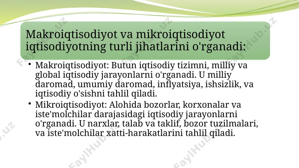 tisodiy jarayonlarga ta'sirini o'rganish. masalan, soliq va xarajat siyosatining iqtisodiy o'sishga ta'siri. makroiqtisodiyot katta iqtisodiy tizimlarni, jumladan, milliy va global iqtisodiyotlarni o'rganadi. uning asosiy maqsadlari iqtisodiy o'sish, barqarorlik, to'liq bandlik, narxlar barqarorligi va xalqaro iqtisodiy muvozanatni ta'minlashdir. makroiqtisodiyot mikroiqtisodiyotdan farqli o'laroq, iqtisodiyotni umumiy ko'rinishda tahlil qiladi, individual bozorlar va iste'molchilarning xatti-harakatlarini emas. makroiqtisodiyotni o'rganishning turli xil usullari mavjud, jumladan: deskriptiv tahlil: iqtisodiy ko'rsatkichlar va statistik ma'lumotlarni yig'ish va tahlil qilish. komparativ tahlil: iqtisodiy jarayonlarni turli vaqt davrlari yoki hududlar bo'yicha solishtirish. normativ tahlil: iqtisodiy siyosat va qarorlar qabul qilish jarayonlarini baholash va takliflar berish. iqtisodiy modellashtirish: iqtisodiy jarayonlarni matematik tenglamalar va modellar orqali ifodalash va tahlil qilish. empirik tahlil: real iqtisodiy ma'lumotlarni tahlil qilish va iqtisodiy nazariyalarni amaliyotda sinovdan o'tkazish. siyosiy-iqtisodiy tahlil: iqtisodiy jarayonlarning siyosiy omillar bilan o'zaro bog'liqligini o'rganish. bajardi: husan umarov e’tiboringiz uchun rahmat image2.jpg image3.png image4.jpeg image5.png