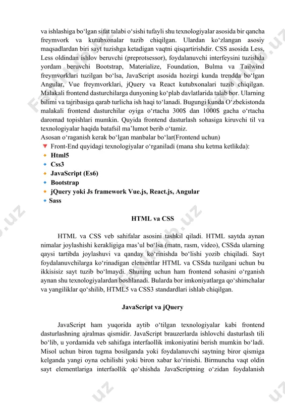 cha imkoniyatlar qo‘shish va bu o‘zgartirishlarni dasturchi o‘ylagandan ham oson usulda amalga oshirish mumkin. agar siz html, css, bootstrap va javascriptni biladigan frontend dasturchi bo‘lsangiz, bugungi kunda yurtimizda oyiga o‘rtacha 100$ dan 300$ gacha daromad topishingiz mumkin. bordiyu siz yuqorida sanab o‘tilganlardan tashqari angularjs, reactjs va vuejs texnologiyalaridan birini bilsangiz, sizning o‘rtacha oylik daromadingiz 400$ dan 600$ gacha bo‘lishi mumkin. bu daromad albatta nisbiy olingan. veb dasturchilarning daromadi odatda ularning bilim darajasi va tajribasi bilan belgilanadi. mening loyiham html personal website of lazizbek karimov lazizbek karimov asosiy men haqimda xizmatlar mijozlar portfolio blog sheriklar hello i'm lazizbek karimov student - web developer - teacher yuklab oling cv men haqimda junior dasturchi mening ismim lazizbek, men 21 yoshdaman. men 3 yildan ortiq dasturlashni o'rganyapman. hozirda samarqand davlat universitetining 3-bosqich talabasiman, matematika va informatika fani o'qituvchisi bo'lib ishlayman. shuningdek, o'zbekistonda o'tkazilgan ko'plab musobaqalarda qatnashganman. jumladan, “it cup”, “icpc uzbekistan” va boshqalar. bo'sh …