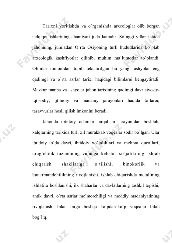 ing tarixini va madaniy taraqqiyotidagi o`ziga xos tomonlari va xususiyatlarini ko`rsatib berishdir. mezolit paleolit davridan keyingi davr bo`lib, u miloddan avvalgi 12-7 ming yilliklarni o`z ichiga oladi. muzlik davrining tugashi paleolitning ob-havosiga nisbatan issiqroq iqlimni shakllantirdi. flora va fauna dunyosi ham bir oz hozirgi hayvonot va o`simliklar dunyosiga yaqinlashdi. mezolit termini yunoncha «mezos» - o`rta va «litos» - tosh degan so`zlardan kelib chiqqan. mezolit davri xix asrning oxirlarida fanga ma`lum bo`ldi. mazkur davrga mansub bo`lgan dastlabki yodgorlik 1887 yilda frantsuz arxeologi d.pet tomonidan maz-d azil g`oridan topilgan va o`rganilgan. mezolit davrining xususiyati, chegarasi va atalishi haqida arxeologlar orasida hozirgacha qizg`in baxslar mavjud. bir guruh olimlar bu davrga qadimgi tosh asrining alohida bosqichi sifatida qarasalar, boshqalari tosh asridan so`nggi bosqichi deb biladilar. ammo keyingi tadqiqotlar tosh qurollar shakli, qo`llanilishi va ishlash texnikasidagi o`zgarishlar va yangi xususiyatlarni aniqlashi natijasida tosh davrining o`rta bosqichi ekanligi e`tirof etildi. mezolit davrining quyi va yuqori chegarasini …