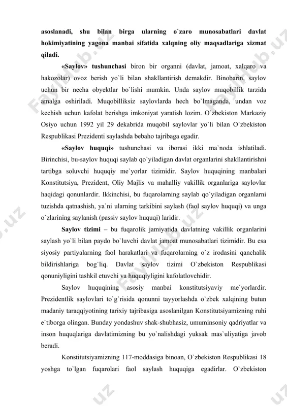 i to`g`risida qonunni tayyorlashda o`zbek xalqining butun madaniy taraqqiyotining tarixiy tajribasiga asoslanilgan konstitutsiyamizning ruhi e`tiborga olingan. bunday yondashuv shak-shubhasiz, umuminsoniy qadriyatlar va inson huquqlariga davlatimizning bu yo`nalishdagi yuksak mas`uliyatiga javob beradi. konstitutsiyamizning 117-moddasiga binoan, o`zbekiston respublikasi 18 yoshga to`lgan fuqarolari faol saylash huquqiga egadirlar. o`zbekiston prezidentligiga saylovlar umumiy, teng, to`g`ridan-to`g`ri saylov huquqi asosida yashirin ovoz berish yo`li bilan o`tkaziladi. o`zbekistonda prezidentlik saylov huquqining konstitutsiyaviy me`yori ko`ppartiyaviylik bo`lib, u fuqarolarning davlat va jamiyatdagi siyosiy huquqlari, qonuniylikni, barqarorlikni, demokratiyaviylikni kafolatlashga qaratilgandir. konstitutsiyaning 10-moddasida siyosiy partiyalar xalq nomidan ish olib borishga xaqli emasligi alohida ko`rsatilgan. umuman, konstitutsiyaning 10 ta moddasida ko`ppartiyaviylik bilan bog`liq bo`lgan me`yorlar bor. 34-moddada fuqarolarning siyosiy partiyalarga uyushishi huquqi alohida belgilab qo`yilgan. chunonchi, 60-moddada «siyosiy partiyalar turli tabaqa va guruhlarning siyosiy irodasini ifodalaydilar va o`zlarining demokratik yo`l bilan saylab qo`yilgan vakillari orqali davlat hokimiyatini tuzishda ishtirok etadilar», deb konstitutsiyaviy qoida mustahkamlab qo`yilgan. «ko`ppartiyaviylik» tushunchasi tom ma`noda prezidentlik saylovlarida bir necha …