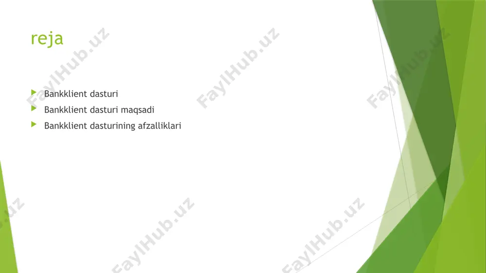 oki telefon orqali kirish mumkin – istalgan joydan foydalanish qulayligi. 3. avtomatik to‘lovlar sozlash har oyda ijara, kredit yoki boshqa xizmatlar uchun avtomatik to‘lovlarni sozlash mumkin. 4. sms/e-mail xabarnomalar hisobdagi harakatlar, to‘lovlar yoki balans o‘zgarishlari haqida tezkor xabarnomalar keladi. 5. valyuta ayirboshlash onlayn tarzda real vaqt rejimida valyuta kurslari asosida ayirboshlash amaliyotlarini bajarish. bankklient dasturining afzalliklari juda ko‘p. quyida asosiy afzalliklarini keltiraman: 1. tezlik va qulaylik bank filialiga bormasdan, ko‘plab moliyaviy operatsiyalarni onlayn bajarish mumkin. ishonchli va tezkor xizmat ko‘rsatish – vaqtni tejaydi. 2. xarajatlarni kamaytiradi hisob yuritish, to‘lovlar va boshqa xizmatlar uchun bank filialiga murojaat qilmaslik xarajatlarni kamaytiradi. 3. xavfsizlik elektron raqamli imzo (eri), parol va ikki bosqichli autentifikatsiya orqali ma’lumotlar himoyalangan bo‘ladi. 4. doimiy nazorat hisobdagi mablag‘lar, to‘lovlar, kirim-chiqimlar ustidan doimiy nazorat qilish imkoniyati. 5. moslashuvchanlik yuridik va jismoniy shaxslar uchun alohida imkoniyatlar va funksiyalar mavjud. ko‘p foydalanuvchilik funksiyasi – xodimlarga rollar bo‘yicha ruxsat berish. 6. avtomatlashtirish davriy …