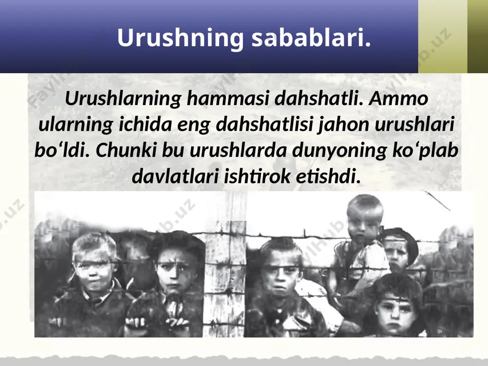 chilariga qurol-yarog‘ sotish va qarz berish evaziga katta boylik orttirdi. urushning insoniyat uchun fojiali oqibatlari. to‘rt yildan ortiq davom etgan bu dahshatli urush dunyo xalqlariga juda katta fojialar keltirdi. urushda 10 million kishi halok bo‘ldi. 20 million kishi esa yarador, mayib-majruh bo‘lib qoldi. savol va topshiriqlar: 1. qanday sabablar birinchi jahon urushining yuz berishiga olib keldi? 2. urushning kelib chiqishiga asosiy aybdor bo‘lgan davlatlar guruhlarini qayd eting. 3. urush qanday holatda boshlandi va u qanday yakun topdi? 4. urushning natijalari va fojiali oqibatlari haqida nimalarni bilib oldingiz? image2.jpg image3.emf image4.jpeg image5.jpeg image6.jpeg image7.jpeg image8.jpeg image9.jpeg image10.jpeg image11.jpeg image12.jpeg image13.jpeg image14.jpeg image15.jpeg image16.jpeg image1.jpg