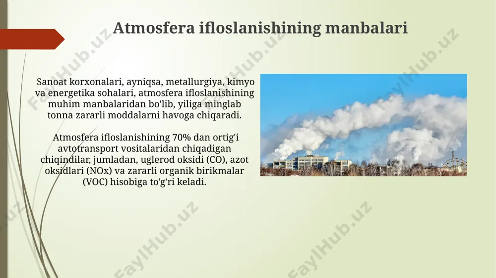 di. o'simliklarning fotosintez jarayoni atmosfera ifloslanishi tufayli kamayadi, bu esa global oziq-ovqat ta'minotiga tahdid soladi va co2 darajasining oshishiga hissa qo'shadi. e'tiboringiz uchun rahmat @taqdimot_robot image1.jpg image2.jpg image3.jpg image4.jpg image5.jpg image6.jpg image7.jpg image8.jpg image9.jpg