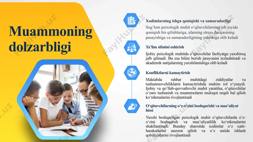 irish vazifa 01 ijobiy muhit yaratish 03 02 04 o‘qituvchilar va rahbar o‘rtasida qo‘llab-quvvatlovchi, do‘stona va xavfsiz atmosfera yaratish o‘qituvchilar va rahbar o‘rtasida yuzaga kelishi mumkin bo‘lgan konfliktlar va tushunmovchiliklarni kamaytirish psixologik muhitni yaxshilashga qaratilgan dasturlarni ishlab chiqish. maktab o‘qituvchilari uchun stressni kamaytirish va emotsional farovonlikni oshirish bo‘yicha treninglar o‘tkazish pedagoglar va rahbar o‘rtasida samarali muloqot va hamkorlikni rivojlantirish ziddiyatlarni oldini olish va hal qilish hamkorlikni yaxshilash rivojlantiruvchi dasturlarni ishlab chiqish xorijiy tajribalarning o‘rganilganligi psixologik xizmatlar integratsiyasi germaniya maktablarida psixologik xizmatlar ta’lim tizimiga chuqur integratsiyalashgan. har bir maktabda professional psixologlar mavjud bo‘lib, ular o‘quvchilarning ruhiy salomatligi bo‘yicha doimiy monitoring olib boradi. maktab psixologlari sinf rahbarlari bilan yaqin hamkorlik qilib, o‘quvchilarning psixologik muammolarini aniqlash va ularni hal qilishda yordam beradi germaniya tajribasi aqsh tajribasi angliya tajribasi ijtimoiy-emotsional ta’lim aqsh maktablarida ijtimoiy-emotsional ta’lim keng qo‘llaniladi. ushbu yondashuv o‘quvchilarning emotsional ko‘nikmalarini rivojlantirishga, o‘z-o‘zini anglash, empatiya va muloqot ko‘nikmalarini oshirishga qaratilgan. ushbu dasturlari psixologik …