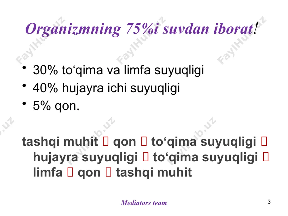 siya organizmni himoya qilishdagi roli oqsil zahirasi vazifasi (???) transport funksiyasi: kortizol transkortin bilan, vitamin b12 transkobalamin yordamida, bilirubin albuminlar hamda alfa globulinlar yordamida, dori vositalari albuminlar yordamida, cu seruloplazmin (alfa 2 globulin) yordamida, erkin gemoglobin gaptoglobin yordamida tashiladi... kislata-asos muvozanatini taʼminlashda qatnashadi. mediators team qonning bufer tizimini quyidagilar hosil qiladi: 1. gemoglobin bufer tizimi 2. karbonat bufer tizimi 3. fosfat bufer tizimi 4. plazma oqsillari bufer tizimi (amfoterlik) plazma oqsillari sintezi qayerda? mediators team 22 ph chegarasining 0,1ga siljishi funksiyalarning buzilishiga 0,3ga siljishi komatoz holatga 0,4 ga siljish esa oʻlimga olib keladi !!! - albuminlar va fibrinogen asosan jigarning retikuloendotelial hujayralari tomonidan sintezlanadi. - alfa va betta globulinlar jigar, taloq va suyak koʻmigida sintezlanadi - gamma globulinlar b limfotsitlar tomonidan sintezlanadi fiziologik xilma xillik bolada? qariyalarda? homiladorlarda? oqsillar kamayishi patologiyada qachon kuzatiladi? 23 mediators team alimentar sprue kabi ichak kasalliklar.. jigar sirrozi nefrotik sindrom... qon yoʻqotish irsiy sintez buzilishi …
