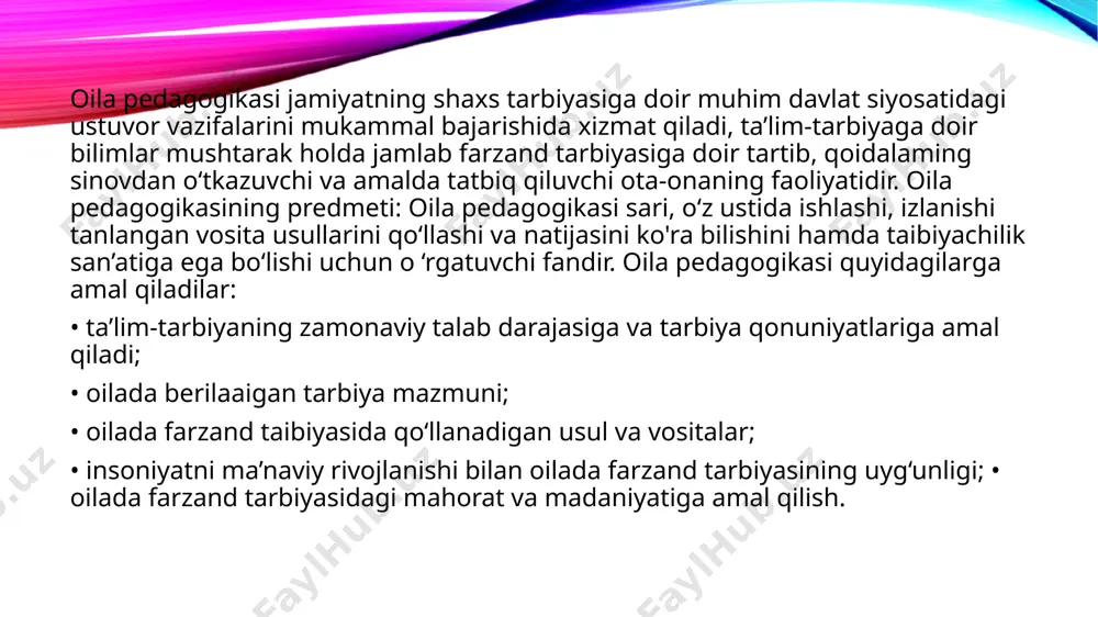 iy «odob as-solixan» asarida uylanadigan yigit nikohdan oldin uylanmoqchi bomgan qizini ko‘rmog‘i, uylanadigan qizining bokira bo‘lmog‘i hamda to‘rt narsa umrda, qomatda, molda va nasabda yerdan past va to‘rt narsada, husnda va jamolda, hulqda, adabda va iffatda yerdan yuqori bomishi zarurligini, ta’kidlaydi. bu fikr turmushda tinch va totuv yashash, oilada er-xotin munosabatlarida katta ahamiyatga ega «ota-ona bolaga jamiyatda mavjud bomgan hulq-odob qoidalarini singdirishga, yurish-turishga, yeyish-ichish, o‘z qilmishi uchun mas’uliyatni sezish, shirinsuxan bomish, yaxshilik, ezgulik kabi axloq qoidalarini egalllashiga yordam berishi lozim». rudakiy oilada bola tarbiyasi, yosh avlod kamolotda ota-onaning burchi haqida ham muhim fikrlarni ilgari suradi. chunonchi, ruboiylari zamonasidagi aksariyat odamlar, hatto ma’rifatli zotlar ham farzardlarining tarbiyasiga e’tiborsizlik bilan qarab, donishmandning bolasi johil bo‘lib qolayotganligidan afsuslanadi. buning uchun oila muhitida ota-onalar bilan bolalar o‘rtasida o‘zaro hurmat bo‘lgandagina taibiyada yaxshi natijalarga erishi mumkin bo'ladi. inson tug‘ilgan paytidanoq tarbiyaga muhtojdir. uning ilk tarbiyachilari albatta, otaonasidir oilada farzand dunyoga kelgandan boshlab oilaning jamiyat oldida …