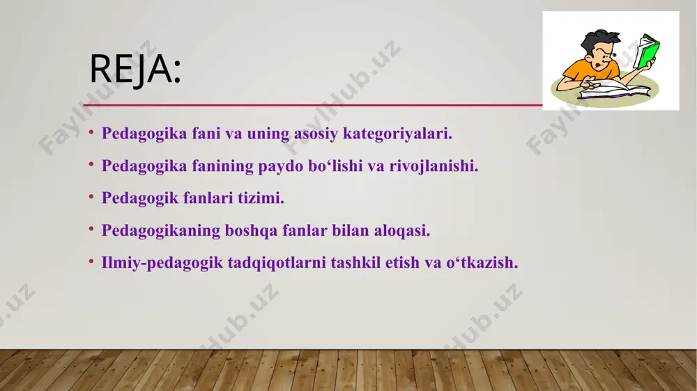 ”- “bola” va “yetaklayman”) ijtimoiy tarbiyaning umumiy qonuniyatlari, muayyan jamiyatda yagona ijtimoiy maqsadga muvofiq yosh avlodni tarbiyalash hamda unga ta’lim berishning mohiyati va muammolarini o‘rganadigan fan. pedagogikaning obyekti shaxs tarbiyasi ta’lim muassasalari va jarayonlari pedagogikaning asosiy vazifalari o‘qitish qonuniyatlarini ochib berish tarbiya nazariyasi va metodikasini ishlab chiqish shaxsni har tomonlama rivojlantirish pedagogikaning boshqa fanlar bilan aloqasi psixologiya, sotsiologiya, falsafa, etika ta’limdagi kompleks yondashuv pedagogik tadqiqot metodlari umumiy tasnifi nazariy metodlar empirik metodlar statistik metodlar nazariy metodlar adabiyotlarni o‘rganish nazariy modellashtirish tahlil va taqqoslash empirik metodlar kuzatish suhbat va intervyu so‘rovnoma pedagogik eksperiment kuzatish metodi bevosita jarayonni kuzatish tizimli qayd etish pedagogik kuzatish metodi. (aniq maqsad asosida,uzluksiz, izchil, tizimli) suhbat va intervyu metodi o‘qituvchi va o‘quvchi fikrlarini o‘rganish savol-javob orqali dalillar to‘plash suhbat metodi. (samimiy, erkin, qisqa va ravshan, mazmunli) so‘rovnoma metodi test, anketalar ko‘p sonli respondentlardan ma’lumot olish test metodi. (ochiq, yopiq, to’g’ri javob variant qayd etilgan) bolalar ijodini o‘rganish …