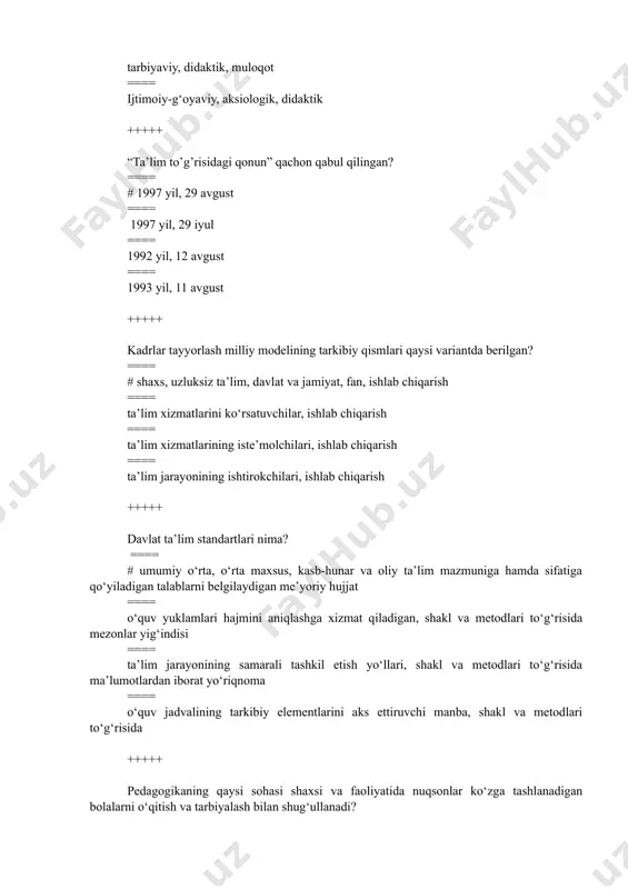 orat? ==== # 10 ta ==== 9 ta ==== 8 ta ==== 7 ta +++++ shaxsga xos bo‘lgan barcha tug‘ma xususiyatlarning boyib borishi, yangi sifatlarning hosil qilinishi, shuningdek, organizmning anatomik tuzilishi, fiziologik va psixologik funksiyalarning takomillashishi, faoliyat hamda xatti-harakatning miqdor va sifat jihatdan o‘zgarib borish jarayoni deganda nima tushuniladi? ==== # shaxsning rivojlanishi ==== shaxsning o‘sishi ==== shaxsning shakllanishi ==== shaxsning takomillashuvi +++++ shaxs rivojlanishiga qanday omillar ta’sir ko‘rsatadi? ==== # irsiyat, muhit, tarbiya ==== tabiiy muhit, ijtimoiy munosabatlar ==== muhit, tarbiya, bilim ==== irsiyat, tabiiy muhit, ijtimoiy munosabatlar +++++ “inson kamolatida uch narsa – irsiyat, muhit, tarbiya muhim rol o‘ynaydi” degan fikrni ilk bor ilgari surgan sharq mutafakkiri kim? ==== # abu rayhon beruniy ==== abu nasr forobiy ==== abu ali ibn sino ==== yusuf xos hojib +++++ shaxsning rivojlanishi qanday holatlar bilan belgilanadi? ==== # shaxsning fiziologik, ruhiy, intellektual o‘sishini ta’minlovchi faoliyat hamda xatti-harakatlarning miqdor va sifat jihatdan …