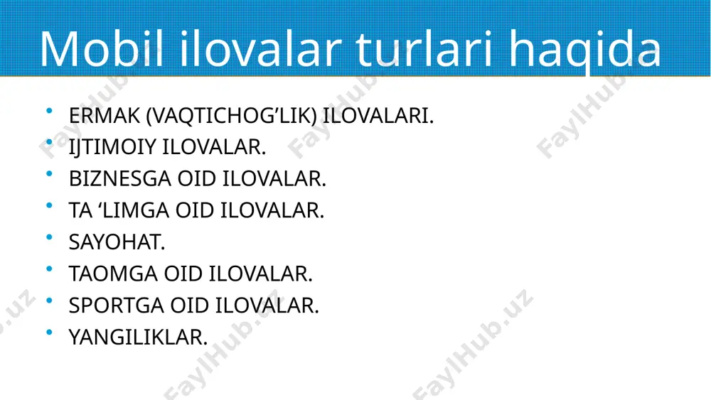 ppery.io texnologiyasi bilan ilovalar yaratish. appery.io code yozmasdan ilovalar yaratish imkoni beradi. appery.io yordamida adaptiv ilovalar yaratish mumkin. appery.io ko’plab ma’lumot bazalarini quvvatlaydi. e’tiboringiz uchun rahmat! image2.png image3.png image4.png image5.png image6.png image1.png