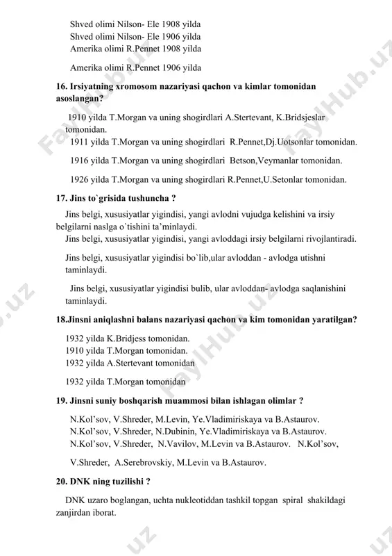 dan 19. jinsni suniy boshqarish muammosi bilan ishlagan olimlar ? n.kol’sov, v.shreder, m.levin, ye.vladimiriskaya va b.astaurov. n.kol’sov, v.shreder, n.dubinin, ye.vladimiriskaya va b.astaurov. n.kol’sov, v.shreder, n.vavilov, m.levin va b.astaurov. n.kol’sov, v.shreder, a.serebrovskiy, m.levin va b.astaurov. 20. dnk ning tuzilishi ? dnk uzaro boglangan, uchta nukleotiddan tashkil topgan spiral shakildagi zanjirdan iborat. dnk uzaro boglanmagan, juda ko`p nukleotiddan tashkil topgan ko`p spiral shakildagi zanjirdan iborat. dnk uzaro boglangan ikki nukleotidan tashkil topgan,ikkita spiral shakildagi zanjirdan iborat. dnk uzaro boglangan,juda ko`p nukleotiddan tashkil topgan, to`rtta spiral shakildagi zanjirdan iborat. 21. hujayralarda necha xil va qanday rnk borligi aniqlangan ? 3 xil : a-rnk, t- rnk, r- rnk. 3 xil : a-rnk, t- rnk, k- rnk. 3 xil : a-rnk, s- rnk, t- rnk. 3 xil : a-rnk, r- rnk, s- rnk. 22. genetik kod nima ? har bir oqsil sintezini boshkaradigan irsiy axborotni taxlil qiladigan genetik tildir. har bir amina kislotani sintez bo`lishini …