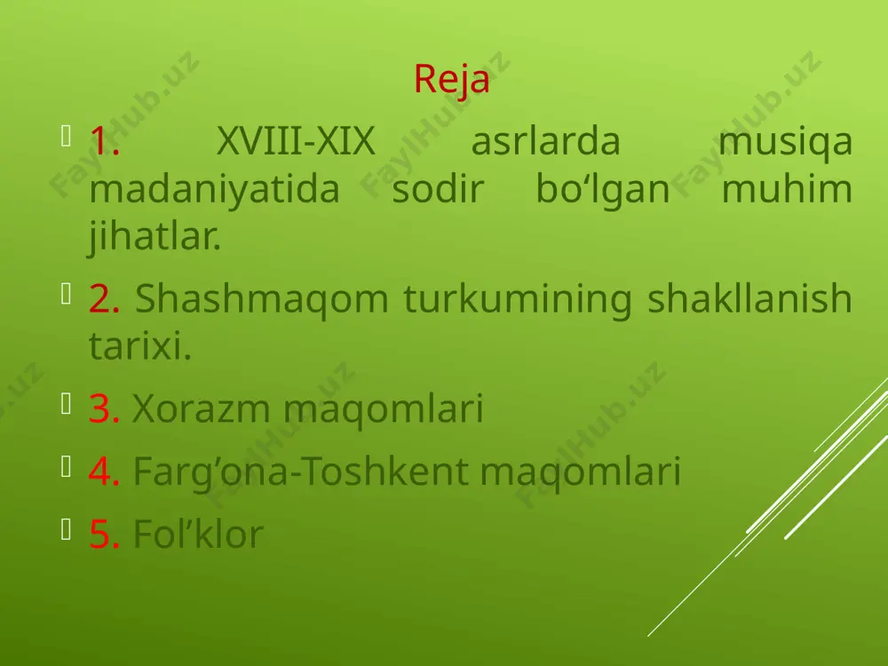 musiqachilaridan shashmaqom namunalarini o‘rganib, xorazmga qaytgan. bu yerda u mahalliy musiqachilarga yodlab kelgan maqom asarlarini o‘rgatgan ekan. ta’kidlash joizki, xorazmda maqomlarning keng yoyilishi uchun qulay zamin mavjud edi. bu o‘lkada juda qadimiy musiqa an’analari va maqom ijrochiligida boy tajribaga ega bo‘lgan ko‘plab sozanda, xonanda va bastakorlar yashab ijod etib kelganlar. al-xorazmiy (x asr), abul vafoi xorazmiy, devonai hisbiy (xv asr) kabi o‘nlab olimlarning musiqa risolalarida maqomlar nazariy jihatdan asoslab berilgan edi. umuman, sharq maqomlarining tarixiy taraqqiyotiga xorazmlik musiqachilar salmoqli ulush qo‘shganlar. xorazm maqomlari xorazm tanbur chizig’i o‘zbek maqomlarining uchinchi asosiy turi – farg‘ona-toshkent maqomlari esa ko‘plab turkumli va turkumsiz ashula va cholg‘u namunalaridan iborat bo‘lib, voha mumtoz musiqa merosida yetakchi o‘rinlardan birini egallaydi. farg‘ona-toshkent maqomlarining cholg‘u va ashula qismlari shashmaqom yoki xorazm maqomlaridagi kabi mantiqan o‘zaro muhtasham yaxlit turkumga birlashmagan. ular bizgacha alohida-alohida asarlar ko‘rinishida yetib kelgan. toshkent va boshqa o‘rta osiyo shaharlarining musiqiy hayotida musiqachilarning konsert dasturlari alohida o‘rin …