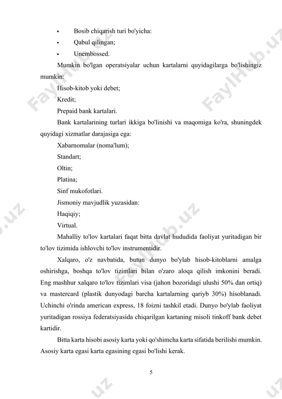 isman aniqlaydi. avvalo debet kartalarini ko'rib chiqing. ular bankning o'z mablag'lariga kirish uchun ishlatiladi, ular karta hisobiga joylashtiriladi. ularning ishlash mexanizmi oddiy - birinchi navbatda siz pulni qo'yishingiz yoki hisobga o'tkazishni kutishingiz kerak, keyin siz tegishli terminal mavjud bo'lganda siz naqd puldan foydalanishingiz mumkin bo'lgan kartadan foydalaning. ulardan ba'zilari ham depozit deyishadi. misol tariqasida "tinkoff bank" debet kartasi mavjud bo'lib, unda jami foiz stavkasi va turli bonusli dasturlar mavjudligi sababli egasiga daromad keltiradi. bundan tashqari, banklar tomonidan savdo tarmoqlari ko'magida debet kartalari berilishi mumkin. misol uchun, "corn" xaritasi "evroset" tarmog'ida tovarlar va xizmatlar uchun to'lovlarni amalga oshirishning universal vositasidir. kredit kartalari kredit kartalari ham mavjud. avvalgi turlardan farqli o'laroq, ular qarz pulidan foydalanish uchun mo'ljallangan. masalan, sizda 10 ming rubl miqdorida mastercard kredit kartasi mavjud. o'zingizning pulingiz tugaganda, siz ushbu kartadan qo'shimcha kartalarni 10 000 r gacha cheklab qo'yishingiz mumkin. shartnoma shartlariga ko'ra, ushbu mablag'larni bank kartasiga pul qo'yish orqali …