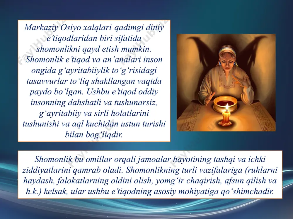 va bu davrda chillali uyga isiriq tutatib turish doimiy shartlardan biri. baxshilarning ta’kidlashicha, folbin-baxshilar tomonidan tutiladigan chilla turlicha bo‘lib, ular orasida eng og‘iri va xavflisi baxshilar tomonidan tutiladigan qora chilla» hisoblanadi. «qora chilla»da o‘tiradigan kishi 40 kun mobaynida bir uydan tashqariga chiqmagan holda chimildiqning ichida o‘tirishi lozim bo‘lgan. u bu davrda boshqa odamlar bilan gaplashmasligi va faqat o‘z uyida yaqin kishisi tomonidan pishirib berilgan pok ovqatni yeyishi lozim bo‘lgan. folbin-baxshilarga asosan ayollar yaqinlari kasal bo‘lib yotib qolganda, oilaviy hayotlarida o‘zaro kelishmovchiliklar yuz berganda, biror buyumi yoki jonivorlari yo‘qolganda, farzandsizlik holatida, umuman, oila turmush tarzida og‘ir vaziyatlarda murojaat qiladilar. shomonlik, folbin-baxshichilik (yoki azayimxonlik) amallari juda xilma-xil va keng qamrovlidir. ushbu vazifalarni muvaffaqiyatli amalga oshirishda shu toifadagi kishilar benihoyat ulkan g‘ayritabiiy qobiliyat sohiblari bo‘lmog‘i lozim deb hisoblashgan. ular homiy ruhlar yordamida asosan quyidagi to‘rtta muhim vazifani bajarganlar. to‘rtinchidan, bedarak ketgan odamlar, yo‘qolib qolgan hayvonlar va narsa-buyumlarni qidirib topish. birinchidan, kasallik sababi va …