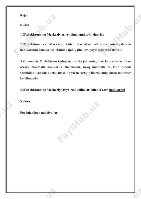 ozog‘iston. 1992 yil iyun oyida o‘zbekiston respublikasi bilan qozog‘iston respublikasi o‘rtasida do‘stlik va hamkorlik to‘g‘risidagi shartnoma imzolandi 2017-yil sentabrda qozog‘iston prezidenti nursulton nazarboyev rasmiy tashrif bilan o‘zbekistonga keldi. shavkat mirziyoyev nursulton nazarboyevni “el-yurt hurmati” ordeni bilan taqdirladi. o‘zbekiston – qirg‘iziston. 1992 yil o‘zbekistonning qirg‘iziston bilan ikki tomonlama hamkorlik do‘stlik, o‘zaro yordam haqida shartnoma imzoladilar. 2017-yil dekabrda o‘zbekiston respublikasi prezidenti shavkat mirziyoyevning taklifi ga binoan qirg‘iziston respublikasining yangi saylangan prezidenti sooranbay jeenbekov rasmiy tashrif bilan mamlakatimizga keldi. o‘zbekiston – tojikiston. 2017-yil may oyida o‘zbekiston prezidenti shavkat mirziyoyev saudiya arabistoni poytaxti ar-riyod shahrida bo‘lib o‘tgan aqsh va arabmusulmon davlatlari sammitida ishtiroki doirasida tojikiston prezidenti imomali rahmon bilan ilk bor uchrashdi. arab-musulmon mamlakatlari va aqsh sammiti. 2017-yil. ar-riyod 2017-yilning aprelida 25 yillik tanaffusdan so‘ng dushanbe va toshkent o‘rtasidagi aviaqatnov yana tiklandi. o‘zbekiston – turkmaniston. 1991-yilda o‘zbekiston va turkmaniston prezidentlari uchrashuvida o‘zbekiston respublikasi bilan turkmaniston respublikasi o‘rtasida do‘stlik va hamkorlik to‘g‘risida shartnoma imzolangan. 2017-yil …