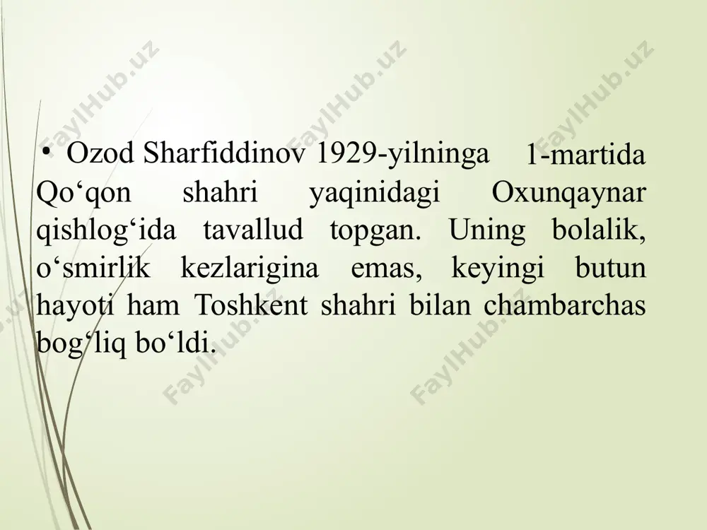 abiyotining o‘nlab durdona asarlarini, shuningdek, l.tolstoyning «iqrornoma»; p.koeloning «alkimyogar»; a.savelaning «to‘xtating samolyotni, tushib qolaman» singari o‘nlab yirik asarlarini; yuzlab donishmandlarning ilmiy-falsafiy maqolalarini ona tilimizga mohirona tarjima qildi. e’tirof «o‘zbekiston qahramoni” (2002). «buyuk xizmatlari uchun» (1999) ordeni. «mehnat shuhrati» (1997) ordeni. “o‘ylaymanki, o‘zini o‘zbek xalqining farzandi degan har qaysi inson ana shunday fidoyi yurtdoshlarimiz bilan cheksiz faxrlanadi, unib-o‘sib kelayotgan bolalari, shogirdlariga ma’naviy jasorat timsoli sifatida aynan mana shunday odamlarni namuna qilib ko‘rsatadi. va hech shubhasiz, umr bo‘yi el-yurt manfaati, vatan istiqboli uchun kurashib yashaydigan shunday qahramon farzandlari bor xalq hech qachon kam bo‘lmaydi”. islom karimov, “yuksak ma’naviyat – yengilmas kuch” asari. shafqatsiz o`lim va so`nggi vasiyat shafqatsiz o‘lim ozod sharafiddinovni 2005-yil hayotdan 4-oktabr kuni olib ketdi. «kitoblarimni asranglar, katta mening eng boyligim mana shu kitoblar edi...» image1.jpeg image2.jpg image3.jpg image4.jpg image5.png image6.jpg image7.png image8.jpg image9.png image10.png image11.png image12.png image13.png image14.png image15.jpg image16.jpg image17.png image18.jpg image19.jpg image20.png image21.jpg image22.jpg image23.png