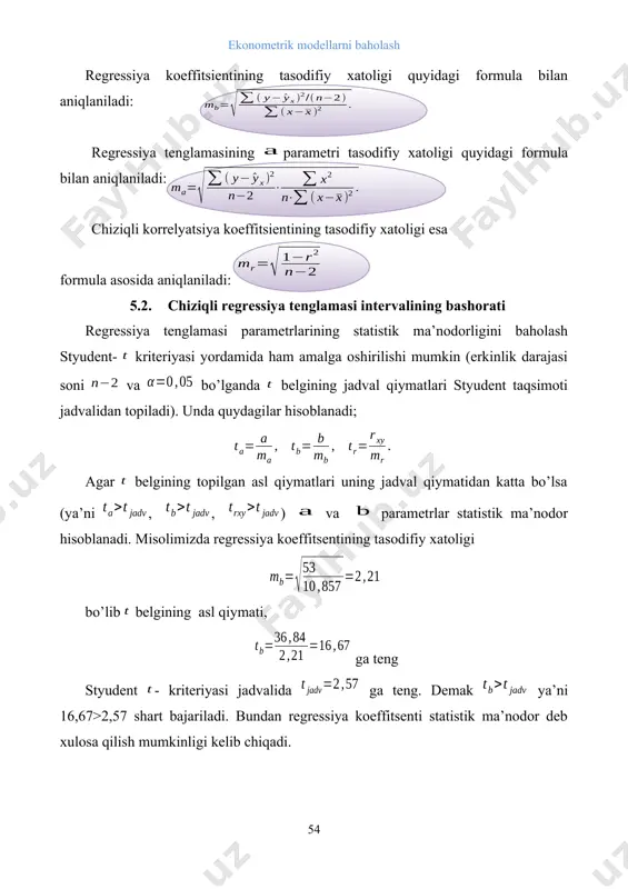 mkinligi kelib chiqadi. parametrning tasodifiy hatoligi ham xuddi shu tartibda baholanadi. chiziqli korrelyatsiya koeffitsentining tasodifiy xatoligini baholashda sharoitdan foydalanamiz. misolimiz ma’lumotlaridan foydalanib qiymatni topamiz. ushbu holatda ham sharti bajariladi, yani 16,73>2,57. natijalar qurilgan chiziqli regressiya tenglamasi va uning parametrlari ma’nodor ekanligini ko’rsatadi. regressiya tenglamasi parametrlarining topilgan qiymatlaridan foydalanib va parametrlarning ishonchlilik intervallarini topish mumkin. ular uchun ishonchlilik intervali quyidagicha aniqlaniladi: . misolimizda regressiya koeffitsienti uchun ishonchlilik intervali 36,84 ± 2,57·2,21 = 36,84 ± 5,68, 31,16 ≤ b ≤ 42,52. regressiya tenglamasi asosida bashorat qilinganda tenglamaga o’zgaruvchining bashorat qiymati qo’yilib o’zgaruvchining bashorat qiymati hisoblanadi. regressiya tenglamasida qatnashuvchi parametrlar va o’zgaruvchilarda tasodifiy xatoliklar mavjud bo’lganligi sababli natijaviy belgining bashorat qiymatida ham tasodifiy xatolar mavjud va bashorat qiymati ham ma’lum bir intervalda o’zgaradi. shuning uchun ekonometrik tadqiqotlarda natijaviy belgining tasodifiy xatoligi qiymatini va uning ishonchlilik intervalini hisoblab topish taqozo etiladi. bashoratlashdagi o’rtacha xatolik quyidagi formula yordamida hisoblanadi: bu erda: - qoldiq dispersiya. ishonchlilik …