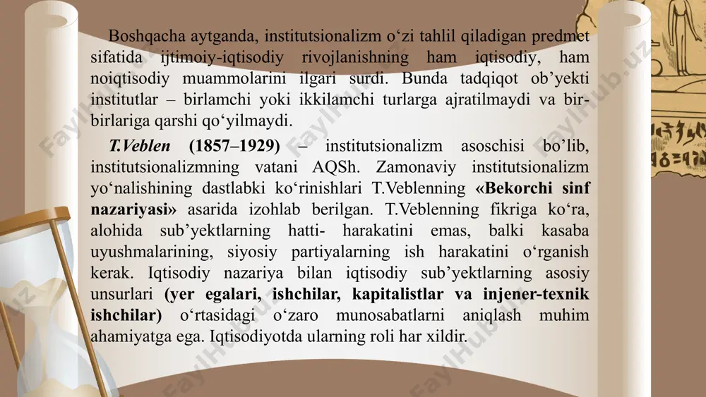 k hayotida hal qiluvchi ahamiyatga ega. uningcha, bitim - (ya’ni huquqiy akt) iqtisodiy tizimning bosh bo‘g‘ini hisoblanadi. bitim o‘z tabiatiga ko‘ra uning ishtirokchilari manfaatlari ixtilofliligini, ushbu ixtilofli manfaatlarning o‘zaro bog‘liqliligini bildiradi. bitim ishtirokchilari sifatida ko‘proq individlar emas, balki kasaba uyushmalari va tadbirkorlar ittifoqlari qatnashadilar. jamiyat vujudga keladigan qarama-qarshiliklarni yechib beradigan huquqiy mexanizmni ishlab chiqishi lozim u.mitchell fikriga ko‘ra, kishilar faoliyatida asosiy harakatlantiruvchi kuch – pul hisoblanadi. aynan moliyaviy institutlar inson hatti-harakatining xarakterini aniqlab beradi. u iqtisodiy (moliya, kredit, pul muomalasi) va noiqtisodiy (psixologik, ijtimoiy, axloq, xulq, fe’l-atvor) omillarining o‘zaro bog‘liqligini va o‘zaro ta’sirini ko‘rsatib berdi. madaniy va ijtimoiy-psixologik omillarni hisobga olgan holda davlatning pul, kredit va moliya sohalariga aralashuvini zarur deb hisobladi. u.mitchellga katta shuhrat keltirgan uning iqtisodiy sikl nazariyasi hisoblanadi. uning bir qator asarlari, jumladan “iqtisodiy sikllar”, “iqtisodiy sikl: muammo va uning yo‘lga qo‘yilishi”, “iqtisodiy sikllarni o‘lchash” ushbu muammoga bag‘ishlangan. u o‘z asarlarida axborotlarni ishlashda statistik tahlil vositalaridan va …