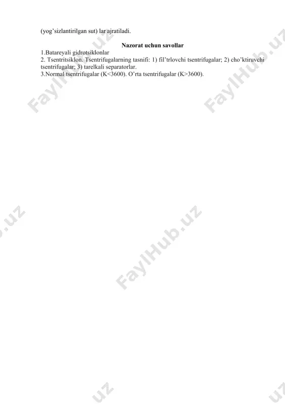 uyuq faza bilan soplo orqali chiqariladi. tozalangan suyuqlikning asosiy qismi shtutser 5 orqali chiqariladi. soplodan chiqayotgan nam kontsentrat tsentrifuga qopqog’ida yig’iladi, so’ng esa deaeratsiya uchun tsiklonga yuboriladi. tayyor kontsentrat tsiklonning shtutseri 5 dan to’kiladi. ifloslangan havo tsiklon va baraban qopqog’i orqali tsirkulyatsiya qiladi. bunday baktofugalar sut tarkibidagi bakteriyalarni tozalash (99% gacha), farmatsevtika sohasida cho’kib qolgan oqsillar (gamma – globulin) va turli fermentlarni ajratib olish uchun qo’llaniladi. o’rta samarali tsentrifuga rotorining kichik diametri d 3600). image4.png image5.png image6.png image7.png image8.png oleobject8.bin image1.png oleobject1.bin image2.png image3.png