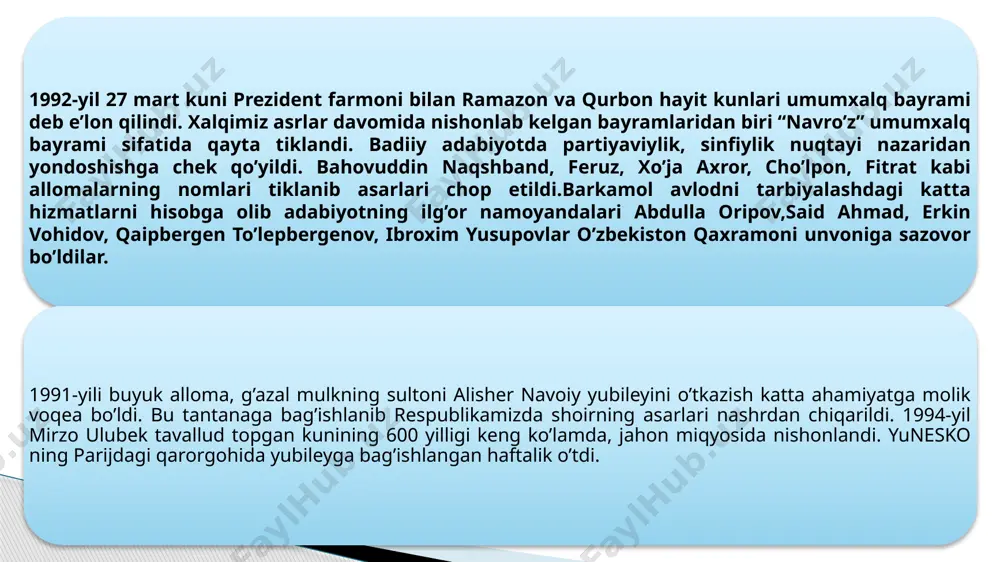 ta’lim jarayonlarini o’rganib chiqib, ilg’or taraqqiy etgan mamlakatlarning ta’lim tashabbusini inobatga olib ta’limni isloh qilish dasturini tayyorladi. barcha e’tibor ta’lim tizimlarini demokratik va insonparvarlik tamoyillari asosida takomillashtirib, uning moddiy-texnika bazasini, zamon va davr talablari darajasiga ko’tarish va o’zbekistonning ma’rifiy salohiyatini kuchaytirishga qaratildi. shu maqsadda 1992-yil 2-iyul respublikamizda “ta’lim to’g’risida”gi qonun qabul qilindi. ta’limni isloh qilish quyidagi tamoyillar asosida olib boriladi: - ta’lim tarbiyaning insonparvarligi va demokratiyaviyligi; - ta’lim tizimining uzluksizligi, izchilligi, ilmiyligi va dunyoviyligi; - ta’limda umuminsoniy va milliy-madaniy, ma’naviy qadriyatlarning ustuvorligi; - e’tiqodi, dinidan qat’iy nazar barcha fuqarolar uchun ta’lim olish imkoniyatlari yaratilganligi; - ta’lim muassasalarining siyosiy partiyalar va harakatlar ta’siridan xoliligi. 2.milliy qadriyatlar va moddiy madaniyatni tiklash borasidagi keng ko’lamli islohotlar 2017-2021 yillarda o’zbekiston respublikasini yanada rivojlantirishning beshta ustuvor yo’nalishi bo’yicha harakatlar strategiyasida eng avvalo, davlat boshqaruvi organlarining quyi bo’g’inlari faoliyatini tubdan yaxshilash, ularning xalq bilan muloqot qilishini ta’minlash, bu borada samarali ijtimoiy hamkorlik mexanizmini mustahkamlash ustuvor vazifa …