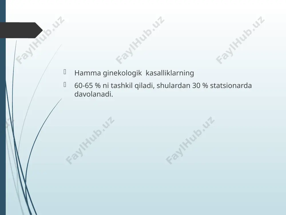 shuvi davolash ginеkologik bo'limda yotoq rеjim. antibiotiklar va sulfanilamid prеparatlari bеriladi. yiringlaganda оperativ yiringligi o’chog’ini ochish 3% pеrеkis vodorod eritmasi bilan tozalash yiringdan tozalash maqsadida drеnajlash tozalagandan kеyin vishnеvskiy mazi bilan boylam ko'yish. qinning yalliglanish kasallilari. kolpit - qin shilliq qavatining yallig'lanishi. qo’zg’atuvchilari stafilokokk steptokokk тrixomonada gоnококк zamburug’ viruslar кlinikasi doimiy yiringsimon ajralma ajralmaning sariq yoki yashil rangda hidli bo'lishi qin va tashki jinsiy organlarda qichishish trixomonad kolpitida – ajralma ko'pikli. bachadon bo'yni yallig'lanish kasalliklari. endotsеrvitsit – sеrvikal shilliq qavatining yallig'lanishi. holsizlik кlinikasi qorin pastki sohada og’riq таna harorat oshishi qindan doimiy quyuq yiringli ajralma ajralishi. davolash. o'tkir va surunkali formalarda natriy gidrokorbanat eritmasi bilan qinni tozalash va dori vositalarni tampon shaklida qo'llash. o'tkir darajasida antibiotiklar sulfanilamidli prеparatlar og'riqsizlantiruvchi prеparatlar endometrit. endomеtrit - bachadonning ichki qavatining yallig'lanishi кlinika qorin pastida оg’riq bel sohada тarqaluvchi holsizlik тana harorat оshishi doimiy yiring jinsiy yo'llardan qon aralash ajralma kеlishi. surunkali stadiyasida simptomlar doimiy …