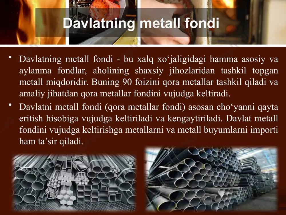 o‘yicha tarmoq va territorial kesimdagi strukturalarini hisobga olinmaydi. tarmoq va territorial kesimda metall fondi strukturalarini aniqlashda natural va qiymat usullarini kombinatsiyalari qo‘llanadi. so‘ngra metall sarflash usuli bilan natijalar nazorat qilinadi. metallni aylanma harakati metallni aylanma harakatini sikli metallurgik ishlab chiqarishdan temir-tersak va chiqindi shaklida qayta ishlangungacha bo‘lgan davrga teng. davlatda metallni aylanma harakati to‘xtovsiz va reja bo‘yicha amalga oshiriladi. qora metal parchalari va chiqindilarini hosil bo‘lishi va qo‘llanilishi metallarni aylanma harakati bilan bevosita bog‘langan. xalq xo‘jaligida metallni hech qanday isrof bo‘lmasdan, to‘xtovsiz aylanishi metallni aylanma harakati deyiladi. xalq xo‘jaligida metallni aylanma harakati, uni rudadan olishdan boshlanib, metallurgik ishlab chiqarishni hamma jarayonlarida, metallga ishlov berishda, mashinalar, metall konstruksiyalar va boshqa buyumlar yasashda davom etadi. metallarni bir qismi mashinalar, binolar, inshoatlar, priborlar, asbob uskunalar ko‘rinishida, bir qismi omborlarda va korxonalarda ishlab berish jarayonida, yana bir qismi yaroqsiz holga kelgan mashinalar, priborlar, metall konstruksiyalar va turli xil buyumlar, ya’ni temir-tersak va chiqindilar ko‘rinishida …