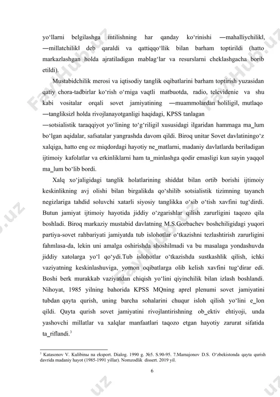 ch negizlariga tahdid soluvchi xatarli siyosiy tanglikka o‘sib o‘tish xavfini tug‘dirdi. butun jamiyat ijtimoiy hayotida jiddiy o‘zgarishlar qilish zarurligini taqozo qila boshladi. biroq markaziy mustabid davlatning m.s.gorbachev boshchiligidagi yuqori partiya-sovet rahbariyati jamiyatda tub islohotlar o‘tkazishni tezlashtirish zarurligini fahmlasa-da, lekin uni amalga oshirishda shoshilmadi va bu masalaga yondashuvda jiddiy xatolarga yo‘l qo‘ydi.tub islohotlar o‘tkazishda sustkashlik qilish, ichki vaziyatning keskinlashuviga, yomon oqibatlarga olib kelish xavfini tug‘dirar edi. boshi berk murakkab vaziyatdan chiqish yo‘lini qiyinchilik bilan izlash boshlandi. nihoyat, 1985 yilning bahorida kpss mqning aprel plenumi sovet jamiyatini tubdan qayta qurish, uning barcha sohalarini chuqur isloh qilish yo‘lini e‗lon qildi. qayta qurish sovet jamiyatini rivojlantirishning ob‗ektiv ehtiyoji, unda yashovchi millatlar va xalqlar manfaatlari taqozo etgan hayotiy zarurat sifatida ta‗riflandi.3 3 katasonov v. kulibinы na eksport. dialog. 1990 g. №5. s.90-95. 7.mamajonov d.s. o‘zbekistonda qayta qurish davrida madaniy hayot (1985-1991 yillar). nomzodlik dissert. 2019 yil. 1.2 “qayta qurish” siyosatining mohiyati. iqtisodiy va ilmiy-madaniy salohiyatga …