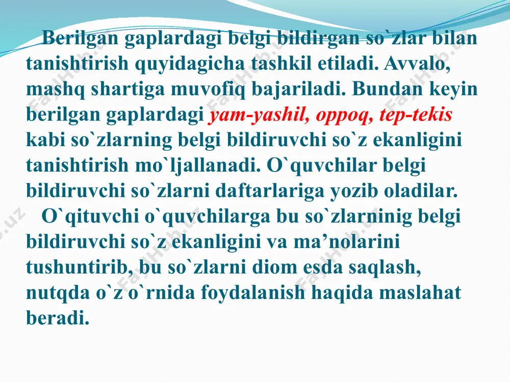 giga ko`ra: ko`mir (qanaqa?) qora, bo`r esa (qanaqa?) oq. mazasiga ko`ra: garmdori (qanday?) achchiq, qang esa (qanday?) shirin. shakliga ko`ra: qarg`a (qanday?) katta, chumchuq esa (qanday?) kichkina. har qaysi gapdagi narsaning belgisini bildirgan so`zlarning tagiga to`lqinli chiziq chizish topshiriladi. bu mashq orqali o`quvchilar sifatlarning ma’no turlari haqida dastlabki ma’lumotni egallay boshlaydilar hamda qarama-qatshi ma’noli sifatlarni topishga o`rganadilar. 3-sinfda sifat mavzusi ushbu mashqni o`qish bilan boshlanadi. havo ochiq. bugun go`zal tabiat yanada ko`rkamlashgan. erta tongdan quyosh nur sochmoqda. ko`ch va hovlilarda oq, sariq, qizil gullar quyosh nurida tovlanadi. mayin shamol xushbo`y hid taratadi. qushlarning yoqimli ovozi kishiga zavq bag`ishlaydi. eh, bahor qanday ko`rkam fasl! o`quvchilardan narsa-buyum belgisini bildirgan so`zlarni aniqlash va ularni o`zi bog`lanib kelgan ot bilan birgalikda namunadagidek ko`chirish talab qilinadi. masalan: go`zal tabiat, oq, sariq, qizil gullar, mayin shamol, yoqimli ovoz, ko`rkam fasl. shundan so`ng qoida chiqariladi: shaxs-narsa belgisini bildirgan so`z sifat deyiladi. sifatlar qanday? yoki qanaqa? so`rog`iga javob …