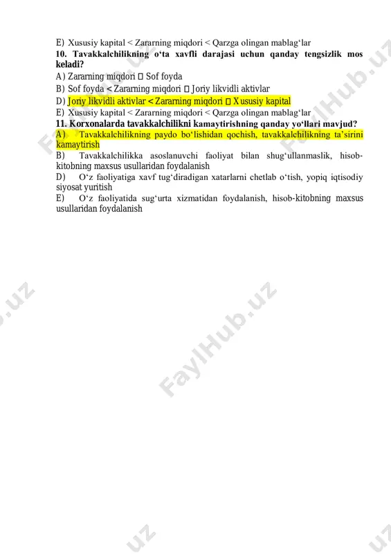 zararning miqdori sof foyda b) sof foyda < zararning miqdori joriy likvidli aktivlar d) joriy likvidli aktivlar < zararning miqdori xususiy kapital e) xususiy kapital < zararning miqdori < qarzga olingan mablag‘lar 11. korxonalarda tavakkalchilikni kamaytirishning qanday yo‘llari mavjud? a) tavakkalchilikning paydo bo‘lishidan qochish, tavakkalchilikning ta’sirini kamaytirish b) tavakkalchilikka asoslanuvchi faoliyat bilan shug‘ullanmaslik, hisob- kitobning maxsus usullaridan foydalanish d) o‘z faoliyatiga xavf tug‘diradigan xatarlarni chetlab o‘tish, yopiq iqtisodiy siyosat yuritish e) o‘z faoliyatida sug‘urta xizmatidan foydalanish, hisob-kitobning maxsus usullaridan foydalanish o’zbekiston respublikasi oliy ta’lim, fan va innovatsiyalar vazirligi termiz davlat universiteti “iqtisodiyot” kafedrasi “korxona iqtisodiyoti” fanidan “korxonaning iqtisodiy xavfsizligi va tijorat siri” mavzusi bo‘yicha test savollari bilim sohasi: 300000- ijtimoiy fanlar, jurnalistika va axborot ta’lim sohasi: 310000- ijtimoiy va xulq-atvorga mansub fanlar ta’lim yo‘nalishi: 60310100- iqtisodiyot (tarmoqlar va sohalar bo‘yicha) termiz – 2024 1. korxona iqtisodiy xavfsizligining mohiyati nima? a) korxonalarda yong’in va texnika xavfsizligini ta’minlash bo’yicha mavjud bo’linmalar va …