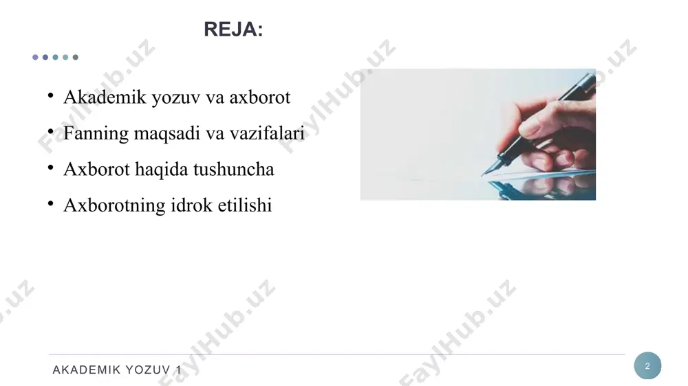 arqli o‘laroq, materialni yaxshi o‘zlashtirish maqsadida bir so‘zni bir necha bor qaytarish mumkin, sinonimlarni kamroq ishlatish kerak. akademik yozuv 1 8 akademik yozuv ilmiy ishlarda fikrlarni qisqa va tushunarli shaklda bayon qilish qobiliyatini aks ettiradi. bu uslubda quyidagilarni farqlash mumkin: ilmiy va publitsistik bayon qilish uslubini qo‘l- lash; dalillar keltirish va jumlalarni o‘zgartirib ifodalash; havolalarni to‘g‘ri joylash va adabiyotlar ro‘yxatini to‘g‘ri shakl- lantirish qobiliyati. matnning tuzilishi va uni rasmiy- lashtirishga qo‘yiladigan talablarning mavjudligi; akademik yozuv 1 9 “axborot” so‘zi lotincha informatio so‘zidan kelib chiqqan bo‘lib, ma’lumot, tushuntirish, tanishtirish kabi ma’nolarni anglatadi. axborot tushunchasi antik faylasuflar tomonidan qo‘llanila boshlagan. xx asrda axborot nazariyasi masalalari bilan kibernetika va informatika sohalari shug‘ullana boshlagan. axborot akademik yozuv 1 10 axborot deb inson sezgi organlari orqali qabul qiladigan barcha ma’lumotlarga aytiladi. inson sezish a’zolari, texnikada turli asboblar va hokazolar yordamida qayd etiladigan tashqi dunyo dalillari ma’lumotlar deb ataladi. ma’lumotlar aniq vazifalarni hal etishda zarur va …