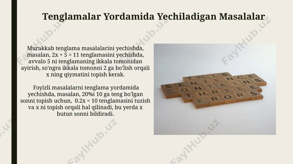 am beradi. yoshi masalalari yoshi masalalari to'plami ichida, foizlar, nisbatlar va tezlikka oid kamida 100 ta so'z masalasi mavjud bo'lib, ularning yarmidan ko'pida bir nechta noma'lum kattaliklarni topish talab etiladi. yoshi masalalari kitobida, o'rtacha har bir bobda 15-25 ta turli murakkablikdagi so'z masalalari berilgan bo'lib, ularni hal qilish uchun tenglama tuzish, proporsiya usuli va grafik usullardan foydalanish ko'rsatilgan. geometrik masalalar geometrik masalalar, 3 oʻlchovli shakllar (kub, prizma, silindr va boshqalar)ning hajmini va sirt maydonini hisoblashni o'z ichiga oladi. masalan, radiusi 7 sm va balandligi 10 sm boʻlgan silindrning hajmini topish. geometrik masalalarning koʻpchiligi uchburchak, toʻrtburchak yoki aylana kabi geometrik shakllar bilan bogʻliq boʻlib, ularning perimetri, maydoni yoki hajmini topishni talab qiladi. masalan, tomonlari 5 sm va 8 sm boʻlgan toʻrtburchakning perimetri va maydonini hisoblash. tenglamalar tuzuvchi masalalar tenglamalar tuzuvchi masalalar, odatda, noma’lum qiymatni topish uchun algebraik tenglamalar tuzishni talab qiladi va ko'pincha 2 yoki undan ortiq noma’lum miqdorlarni o'z ichiga …