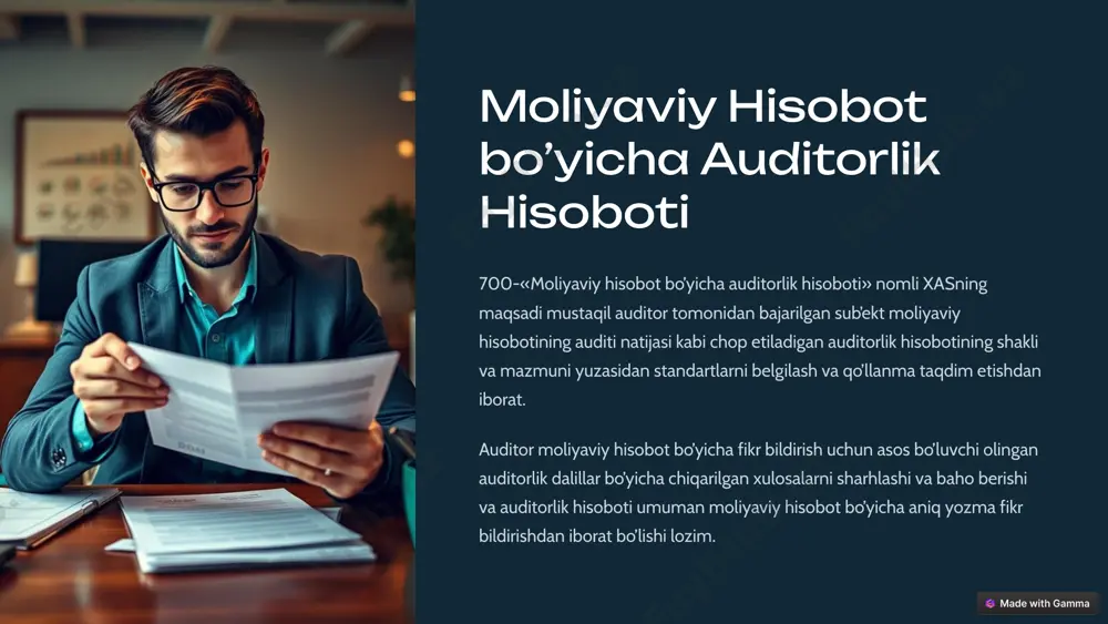 dalillar to‘play olmagan vaqtda xulosa tuzmaydi. bunday holat auditorlik tekshiruvi hajmining cheklanganligi oqibatida moliyaviy hisobot to‘g’- risida fikr bildirish uchun auditorlik dalil-isbotlar yetarli bo‘lmaganida yuzaga keladi. 9 xulosa auditorlik hisoboti moliyaviy hisobotning aniqligi va ishonchliligini baholashda muhim rol o'ynaydi. auditorlik hisobotining to'g'ri tuzilishi va mazmuni, shuningdek, auditorlik xulosasining aniqligi moliyaviy hisobotni tahlil qilish va biznes qarorlarini qabul qilishda juda muhimdir. agar siz auditorlik hisoboti bilan bog'liq savollarga duch kelsangiz, mutaxassis bilan maslahatlashishingiz tavsiya etiladi. 10 image1.png image2.png image3.png image4.png image5.png image6.png image7.png image8.png image9.png image10.png image11.png image12.png