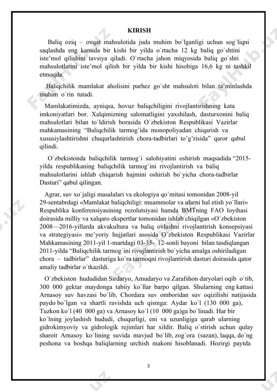 ol qilmoqda. orol dengizida suvning kamayishi va ba’zi joylarida qurib qolishi natijasida xalqimizni baliq go`shti bilan ta’minlash keskin pasayib ketdi. respublikamiz aholisining oziq-ovqat mahsulotlariga bo`lgan talabini qondirishda faqatgina uning miqdor ko`rsatkichigina emas, balki salomatligini ta’minlovchi ko`rsatkichga ham alohida e’tibor berilmoqda. insonlarning hayvonot dunyosi hisobiga qabul qiladigan oqsillarning 18—20 %i suvda yashovchi organizmlarga, asosan, baliqlarga to`g`ri keladi. baliq go`shti tarkibida to`yimli moddalar mavjud bo`lgan holda ularning odam organizmida hazm bo`lish darajasi yuqoridir. keyingi yillarda chorvachilikni barcha tarmoqlari, jumladan baliqchilik tarmog`ini rivojlantirish bo`yicha respublika hukumati tomonid an bir qator ijobiy ishlar amalga oshirildi. o`zbekiston respublikasi vazirlar mahkamasi tomonidan 2009-yil 26-fevralda qabul qilingan «2009-2011 yillarda respublikada baliqchilik tarmog`ini rivojlantirish chora – tadbirlari to`g`risidagi dasturi» asosida qoraqalpog`iston respublikasi, viloyatlar va barcha tumanlarda baliqchilikni rivojlantirish dasturlari ishlab chiqildi. respublika aholisining oziq-ovqat mahsulotlariga bo`lgan ehtiyojlarini barqaror ta’minlash, ichki iste’mol bozorini mamlakatimizda ishlab chiqarilgan oziq-ovqat mahsulotlari bilan to`ldirish, asosan, qishloq joylarda zamonaviy yuqori unumli texnika va texnologiya …