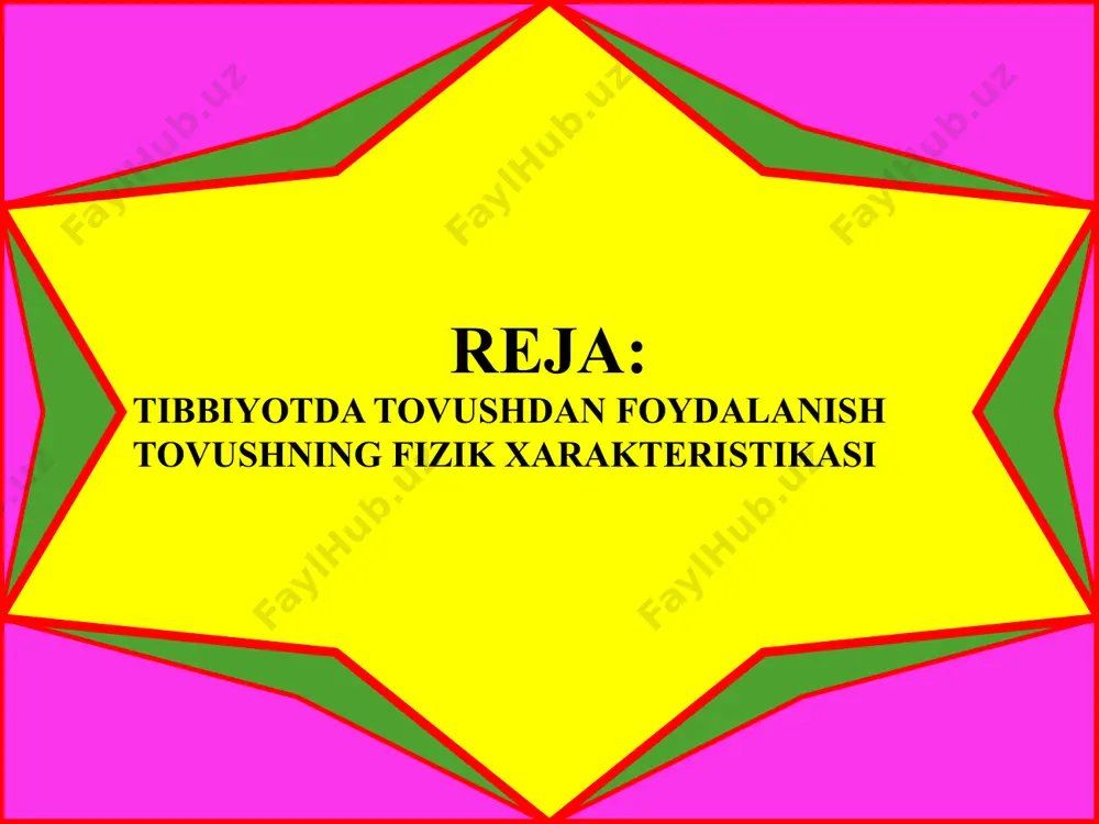 peraturasi 1°c ga ko‘tarilsa, tovushning tarqalish tezligi tahminan 0,5 m/s tezlikga ortadi. tovush atmosferada tez susayadi. buning sababi shamol, havoning temperaturasi va namligi, har xil zichlikka ega bo‘lgan qatlamlarning borligi tovushning tarqalishiga ta'sir qiladi. ,,bir jinsli muhitda nuqtaviy manbadan tarqalayotgan sferik to`lqin hamma yo‘nalishlarda bir xil tezlikka ega bo‘lishi kerak’’ past chastotadagi (infratovush) to‘lqinlarni portlashlar dvigatel shovqini shamol mazkur to‘lqinlar chastotasi past bomganidan, ular uzoq masofalargacha yetib borishi mumkin. havodagiga nisbatan tovush suvda uzoqroq masofalarga yetib boradi. suvda yorug'lik va radio to‘lqinlari juda tez (amalda bir necha o‘n metr masofada) so‘nadi, shu sababli suv ostida signal yuborishning yagona usuli sifatida tovush va ultratovush to‘lqinlaridan foydalaniladi. mazkur to‘lqinlarnding suvda tarkalishini o'rganadigan soha gidroakustika deb ataladi. har qanday real tovush oddiy garmonik tebranish emas, balki ma'lum chastotalar to‘plamiga ega bo‘lgan garmonik tebranishlaming yig`indisidan iborat. berilgan tovushda ishtirok etuvchi tebranishlar chastotalari to‘plami tovushning akustik spektri deb ataladi. tovush to‘lqinlarining intensivligi deb to‘lqin o‘zi …