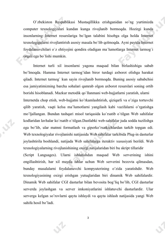 dastlabki varianti tim berners-li tomonidan 1990-yil cern-yadro tadqiqotlari yevropa markazida yaratilgan. o‘sha davrda internetni tez rivojlanishi natijasida bu dastur katta yutiqlarga erishdi va html(hyper text markup language – gipermatnli markerlash tili) imkoniyatlari kengaytirildi. html-hujjatlar turli web brouzerlar yordamida ko‘riladi. web sahifalar maxsus dasturlar yordamida yaratiladi. masalan: microsoft frontpage, macromedia homesite, adobe dreamweaver kabi muharrirlar, php, asp, javaskript kabi server skriptlar(senariy tili), xml, html va boshqalar. htmlning asosiy operatorlari teglar yordamida tuziladi. teglar 2 turga bo’linadi. · juft teglar. · toq teglar teglar “ ” belgisi bilan tugaydi (katta belgisi). odatda boshlovchi va tugallovchi teglar bo‘ladi. tugallovchi teglarda slesh “/” belgisi bo‘ladi. masalan, sarlavha tegi - title ning yozilishi quyidagicha hujjat sarlavhasi har qanday web sahifa ikkita qismdan tashkil topadi. bular sarlavha qismi va asosiy qism. sarlavha qismida web sahifa haqidagi ma’lumot joylashadi, asosiy qismda esa web sahifaning mazmuni bilan tasvirlanish qoidalari joylashadi. sarlavha qismi quyidagi ochiluvchi va yopiluvchi teglari orasida …