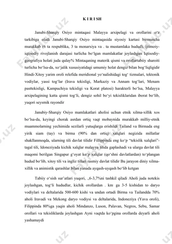 . km. ga 3-5 kishidan to daryo vodiylari va deltalarida 500-600 kishi va undan ortadi birma va tailandda 70% aholi iravadi va mekong daryo vodiysi va deltalarida, indoneziya (yava oroli), filippinda 80%ga yaqin aholi mindanzo, luson, palavan, negros, sebu, samar orollari va tekisliklarda joylashgan ayni vaqtda ko‘pgina orollarda deyarli aholi yashamaydi qishloq aholisi ko‘pchilikni tashkil qiladi va qishloqlar joylashuviga ko‘ra bir-biridan deyarli farq qilmaydi malayziyada ./5 qism aholi shaharlarda yashasa, singapur (9/.0 qism aholi yashaydi) shahar-davlatdir shahar aglomeratsiyasi rivojlangan manila, jakarta va bangkok, rangun va singapur yirik millioner shaharlar qatoriga kiradi tashqi savdo mintaqa iqtisodiyotida muhim o‘rin tutadi eksportda qalayi (dunyo bo‘yicha 75%), rangli metall rudalari va neft, mahsulotlari, shirik ziravorlar, tabiiy kauchuk (dunyo bo‘yicha 50%), mevalar (jumladan, konservalar) va dengiz mahsulotlari kabi an’anaviy mahsulotlaridan tashqari, 80-yillardan boshlab ilmiy-texnika taraqqqiyoti bilan bog‘liq, zamonaviy va o‘ta zamonaviy mashinasozlik, elektrotexnika va elektronika (ayniqsa, maishiy elektronika mahsulotlari, kompyuter texnikasi, xizmatlar (mehmonxona va restoran …