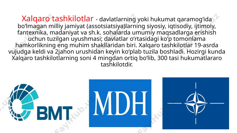 ayrogʻi tarixi 1945-yil aprel oyida amerika qoʻshma shtatlari strategik xizmatlar ofisining taqdimot boʻlimi tomonidan tayyorlangan emblemdan boshlanadi. u birlashgan millatlar tashkilotining nizomini ishlab chiqqan va qabul qilgan san-fransisko konferentsiyasining emblemasini loyihalash soʻroviga javoban tayyorlangan. bosh kotib bu eskizni birlashgan millatlar tashkilotining rasmiy muhri va gerbi sifatida assambleya tomonidan ma'qullanishi maqsadga muvofiqligini ta'kidladi va 1946-yil 7-dekabrda assambleya san-fransisko eskizini tasdiqladi. gerbning qayta koʻrib chiqilgan versiyasi ikki zaytun novdasi bilan oʻralgan qutbli teng masofadagi azimut proyeksiyasi (nol meridian pastga qaragan) bilan dunyo xaritasi edi. zaytun novdasi qadimgi yunonistonda tinchlik ramzi edi. jahon xaritasi tashkilot oʻzining asosiy maqsadi - tinchlikka erishish bilan shugʻullanadigan hududni anglatadi. birlashgan millatlar tashkilotida oltita bosh organ mavjud. bosh assambleya; xavfsizlik kengashi; iqtisodiy va ijtimoiy kengash; vasiylik kengashi; kotibiyat; xalqaro sud 5 ta organ birlashgan millatlar tashkilotining nyu-yorkdagi markaziy qarorgohida joylashgan. 6- organ niderlandiyaning gaaga shahrida faoliyat koʻrsatadi. bmt ning barcha qatnashchi davlatlari o’z harakatlarida quydagi tamoyillarga amal qilishga …