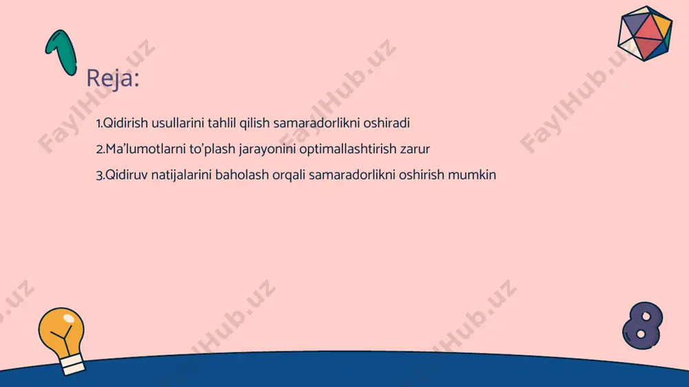 ilash qidiruv jarayonining samaradorligini oshiradi va raqobatbardoshligini ta'minlaydi • langarlar va manbalar - yangi manbalarni qidirish va eski langarlarni yangilash jarayoni yangicha yondashuvlarni o'z ichiga oladi ko'p qirrali qidirish usullarini qo'llash foydali • turli manbalardan foydalanish - ko'p qirrali qidirish usullari turli manbalardan axborot olishni ta'minlaydi bu esa yanada kengroq va chuqurroq bilim olishga yordam beradi • muammolarni hal qilish daqiqa - ko'p tomonlama qidirish usullari muammolarni hal qilishda samarali bo'lib turli nuqtai nazarlarni inobatga olish zaruriyatini keltiradi • taklif etilgan yechimlar - bu usullar orqali taklif etilgan yechimlar tahlil qilinadi va eng maqbul variantni tanlash mumkin • inventarlash jarayoni - ko'p qirrali qidirish usullari o'z ichiga inventarlash jarayonini oladi bu esa kerakli resurslarni aniqlashda yordam beradi qidirish jarayonida texnologiyalarni qo'llash samaradorlikni oshiradi • texnologiyalarning roli - qidirish jarayonida zamonaviy texnologiyalar axborot olish vaqtini sezilarli darajada qisqartiradi • ma'lumotlarni tahlil qilish - kompyuterlar va dasturlar ma'lumotlarni keng ko'lamda tez va …