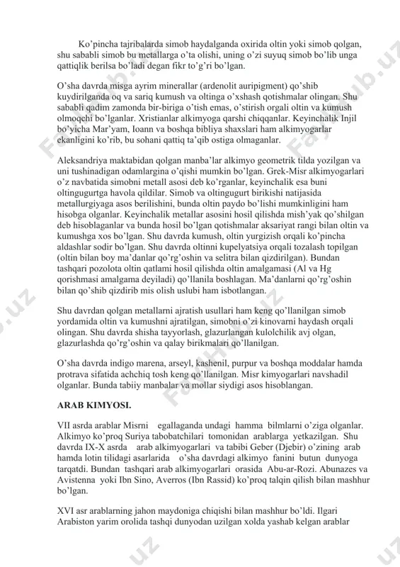 shu belgilar bilan belgilangan. ko’pincha tajribalarda simob haydalganda oxirida oltin yoki simob qolgan, shu sababli simob bu metallarga o’ta olishi, uning o’zi suyuq simob bo’lib unga qattiqlik berilsa bo’ladi degan fikr to’g’ri bo’lgan. o’sha davrda misga ayrim minerallar (ardenolit auripigment) qo’shib kuydirilganda oq va sariq kumush va oltinga o’xshash qotishmalar olingan. shu sababli qadim zamonda bir-biriga o’tish emas, o’stirish orgali oltin va kumush olmoqchi bo’lganlar. xristianlar alkimyoga qarshi chiqqanlar. keyinchalik injil bo’yicha mar’yam, ioann va boshqa bibliya shaxslari ham alkimyogarlar ekanligini ko’rib, bu sohani qattiq ta’qib ostiga olmaganlar. aleksandriya maktabidan qolgan manba’lar alkimyo geometrik tilda yozilgan va uni tushinadigan odamlargina o’qishi mumkin bo’lgan. grek-misr alkimyogarlari o’z navbatida simobni metall asosi deb ko’rganlar, keyinchalik esa buni oltingugurtga havola qildilar. simob va oltingugurt birikishi natijasida metallurgiyaga asos berilishini, bunda oltin paydo bo’lishi mumkinligini ham hisobga olganlar. keyinchalik metallar asosini hosil qilishda mish’yak qo’shilgan deb hisoblaganlar va bunda hosil bo’lgan qotishmalar aksariyat rangi …