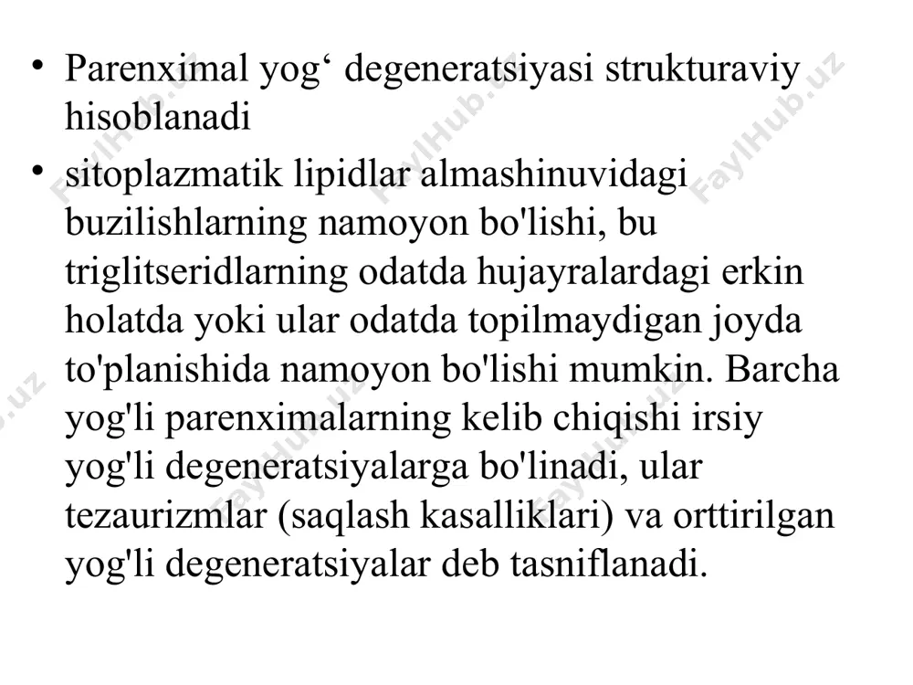 ri-bugri kanalchalar epiteliy sitoplazmasida sarg‘ich-qizil yog‘ tomchilari paydo bo‘lgan. bo‘yoq: sudan iii bilan makro yog‘li nefroz. buyrakning yog‘li distrofiyasi. buyrak kattalashgan, yumshagan, po‘stloq qavati keskin kengaygan, sariq tusga kirgan. mag‘iz piramidalari to‘laqonli, qizil. yurak tashqi ko‘rinishi yog‘li distrofiyaning darajasiga bog‘liq. kuchli rivojlangan bo‘lsa, yurak hajmi kattalashgan, bo‘shliqlari kengaygan, miokard yumshoq, xira, sarg‘ish-yiring rangli ko‘rinishda. endokard yuzasida, ayniqsa so‘rg‘ichsimon mushaklarida oq-sariq yo‘lbars terisiga o‘xshash yo‘l-yo‘l chiziqlar ko‘rinadi – “yo‘lbarsimon yurak” uglevod distrofiyasi uglevod distrofiyasi. uglevodli distrofiyalar — bu to‘qimalarda va organlarda uglevodlar almashinuvi buzilishi natijasida rivojlanadigan patologik holat. ushbu distrofiyalar glyukogen va boshqa uglevodlarning noto‘g‘ri saqlanishi va sintezlanishi bilan bog‘liq bo‘ladi. uglevod distrofiyasi turlari: 1- glyukogen almashinuvu buuzilishi 2-shilliq distrofiyasi glikoprotaidlar almashinuvi buziilishi. e’tiboringiz uchun raxmat image1.jpeg image2.jpeg image3.jpeg image4.jpeg image5.jpeg /docprops/thumbnail.jpeg
