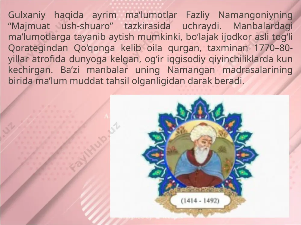 ilan, senga bilo kirn demasman din-u iymon ber menga. navkaring ochlikdan o'lsa, nega hayfing kelmagay, ey tabibi hoziqim, dori-yu darmon ber menga. non-u to'n ber, benavolik dardidan qutqar meni, men qachon aytdimki, qorun ganjidek qon ber menga... gulxaniyni er yigitlar to 'pidan kamsitmagil, fo 'ta ber, ot ber, to 'n-u chakmon ber menga. muhammadsharif gulxaniy «zarbulmasal» asari «zarbulmasal» asarida muallif xalq og‘zaki ijodidan foydalanib. asosiy personajlar - qushlarning majoziy obrazlarini yarattan. bunda yapaloqqush va boyo‘g‘lining bir-biriga quda bo‘lishi, ko‘rqunshing sovchilikka borishi va shu kabi voqealar tasvirlanadi. yozuvchi asardagi yapaloqqush, boyo‘g‘li, ko‘rqush, hudhud, kulonkirsulton, sho‘ranul, malik shohin, kordon, gunashbonu kabi obrazlar va ular aytgan masal, maqol xamda hikoyalar orqali asarning g‘oyaviy mazmunini ocha olgan. bu asarda boyo‘g‘li qizi gunashbonu uchun ming chordevor mahr (qalin) so‘raydi. muhammadsharif gulxaniy «zarbulmasal» asari «zarbulmasal» asari «masal ichida masal» usulida yaratilgan bo‘lib, unda 400 dan ortiq maqol, matal, naql va 15 dan ortiq katta - kichik …