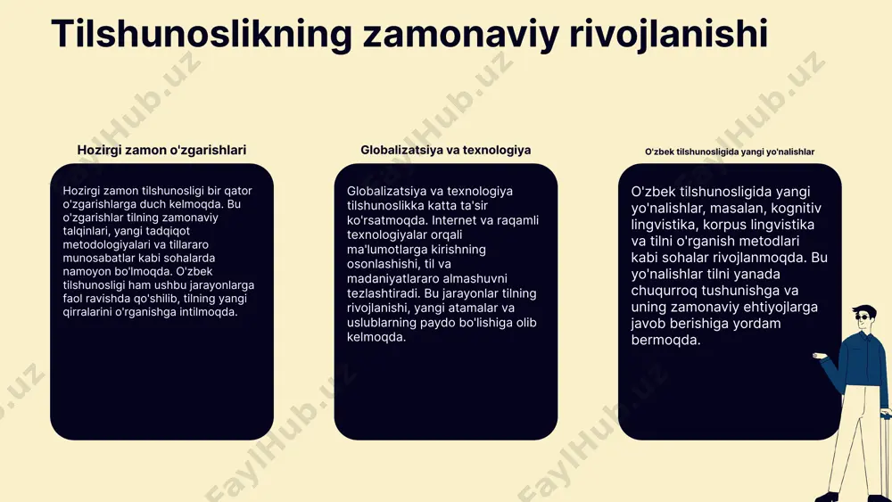 tilining rivojlanishini belgilovchi asosiy omillardan biridir. internet, ijtimoiy tarmoqlar va mobil ilovalar orqali tilning yangi so'zlari, iboralari va uslublari paydo bo'lmoqda. bu texnologiyalar o'zbek tilining zamonaviylashishiga va uning keng tarqalishiga yordam beradi. xulosa umuman olganda, o'zbek tilining rivojlanishi mahalliy va global ta'sirlar natijasida sodir bo'ladi. raqobat, texnologik o'zgarishlar va ijtimoiy-siyosiy omillar o'zbek tilining zamonaviylashishi va rivojlanishiga katta hissa qo'shadi. bu omillarni chuqur tushunish, tilni yanada rivojlantirishga imkon beradi. ijtimoiy-siyosiy omillar ijtimoiy-siyosiy omillar o'zbek tilining rivojlanishida muhim ahamiyatga ega. siyosiy muhit, madaniy qabul qilish va ijtimoiy o'zgarishlar tilning rivojlanishiga ta'sir ko'rsatadi. o'zbek tilining davlat tili sifatida maqomi, uning ta'lim va madaniyat sohalarida qo'llanilishi, hamda xalqaro aloqalar orqali o'zgarishlarga olib keladi. xulosa òzbek tilshunosligi o'z tarixida bir necha muhim bosqichlarni bosib o'tdi. bu soha, o'zining kelib chiqishi va rivojlanishi bilan, bugungi kunda zamonaviy yondashuvlar va tadqiqotlar bilan boyitilgan. hozirgi kunda, tilshunoslikda yangi tendentsiyalar, jumladan, raqamli texnologiyalardan foydalanish va tilni o'rganish jarayonlarida innovatsion …