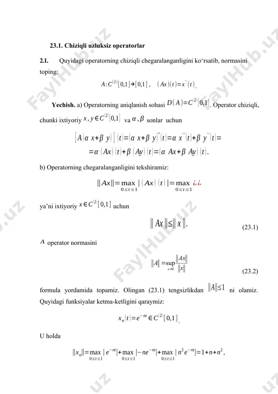 bo‘ladimi? 2.11. chiziqli normalangan fazo, uning qism fazosi bo‘lsin. to‘plam ning qism fazosi bo‘ladimi? 2.12. chiziqli normalangan fazo, ixtiyoriy element, bo‘lsin. a) munosablar o‘rinli. isbotlang. b) faraz qilaylik soni tenglik o‘rinli bo‘ladigan eng kichik natural son bo‘lsin. u holda barcha natural sonlar uchun tenglikning bajarilishini isbotlang. 2.13. chiziqli normalangan fazo, tayinlangan element bo‘lsin. shartni qanoatlantiruvchi barcha lar to‘plami ning qism fazosi bo‘ladimi? 2.14. chiziqli normalangan fazo, tayinlangan element bo‘lsin. shartni qanoatlantiruvchi barcha lar to‘plami ning qism fazosi bo‘ladimi? 2.15. hilbert fazosi, va har bir uchun tengsizlik o‘rinli bo‘lsin. u holda tengsizlik ham o‘rinli. isbotlang. 2.16. lar banax fazolari, va har bir da ketma-ketlik fundamental bo‘lsin. u holda shunday operator mavjud bo‘lib operatorlar ketma-ketligi operatorga kuchli ma’noda yaqinlashadi. isbotlang. 2.17. banax fazosining qism fazosini qaraymiz va har bir uchun . a) tenglikni isbotlang. b) va tenglikni isbotlang. c) - trigonometrik ko‘phadlardan iborat qism fazo bo‘lsin. da operatorlar ketma-ketligi birlik operatorga kuchli …