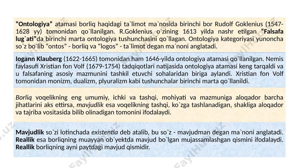borliq ko‘rinishida mavjudligi ijtimoiy borliq – insonning jamiyatda borligi va jamiyatning borligi (hayotning mavjudligi, rivojlanishi) inson borlig‘i – insonning moddiy va ruhiy (ideal) birligi sifatida mavjudligi, insonning o‘z-o‘zicha borligi va uning moddiy dunyoda borligi virtual borliq (lot. virtus - ehtimol tutilgan, mumkin bo‘lgan, realis - haqiqiy, mavjud) — zamonaviy texnika vositalari va informatsion kommunikatsiyalar yordamida yaratiladigan va insonga olamni o‘ziga xos idrok etish va anglash imkonini beradigan sun’iy dunyodir. materiya - moddiy obyektlarni birlashtiruvchi borliqning moddiy shakli bo‘lib, u olamdagi barcha moddiy obyektlarni, butun obyektiv reallikni ifoda etuvchi eng umumiy tushunchadir 2. borliqning atributlari: materiya, harakat, fazo va vaqt. materiya va moddiy sistemalar, ob`ektiv du­nyoning tu­zilishi xususiyatlariga ko`ra, turli xil strukturaviy dara­jalardan tashkil top­gan bo`ladi. bunday darajalarni moddiy sis­temalarning tashkiliy tuzilishi va miqyosiy tuzilishiga qarab quyidagilarga ajratish mumkin: 1. tashkiliy-struktura darajalar. 2. miqyosiy-struktura darajalar. materiyaning tashkiliy-struktura darajalari. mate­riyaning tashkiliy-struktura darajalari moddiy sistema­lar­ning tashkiliy jihatdan uyushganligi va faolligiga qarab bir-biridan farq …