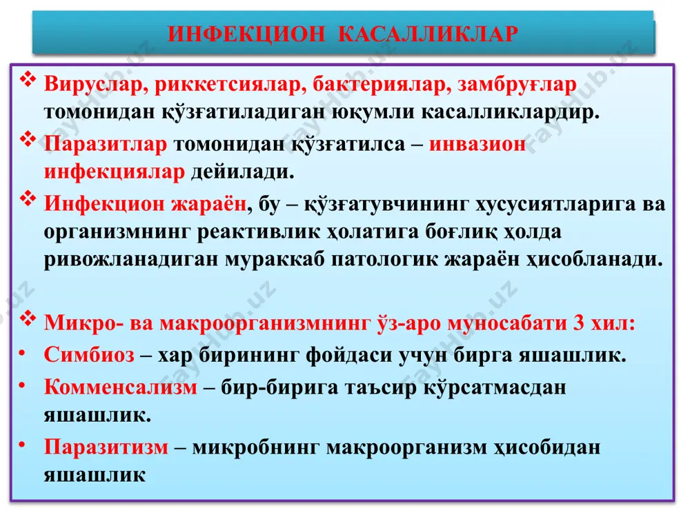 оплазмасига кириб рнк-азани ишга солиб рибосома рнксини вирус рнкга айлантиради рнк рнк рнк рнк вирус рецептор цитоплазма ядро эпителий ҳужайраси 5 бактерияларнинг тўқимага таъсир механизми колонияланиш адгезия, транцитоз эпителийга инвазияланиш субэпителиал инвазия грипп – рнк-вирус:а,в,с; 80-100 нм, липогликопро-теидли капсид пардали. енгил, ўрта ва оғир форма-ларида юқори нафас йўллари ва ўпка касалланади, яллиғ-ланиши серозли-геморрагик, гигантҳужайрали метаплазия пайдо бўлади. парагрипп – рнк-вирус, 150-300 нм, ноаниқ шаклли, капсидда кўп ядроли ҳужайра пайдо қиладиган омил бор. юқори нафас йўллари касалланади, яллиғланиши серозли-десквоматив, кўп ядроли ястиқча пайдо бўлади рс – инфекция. рнк-вирус, 90-120 нм, кўп ядроли синцитий пайдо қилади. юқори нафас йўллари касалланади, яллиғланиши серозли-десквоматив ва симпластли. кўпинча ёш болалар касалланади. аденовирусли инфекция. днк-вирус, 70-90 нм, ядрогача кириб боради ва критмалар пайдо қилади. юқори нафас йўллари, лимфа тугунлар ва конънктива касалланади. ядросида “аденовирусли ҳужайра” пайдо бўлади. вирусли инфекциялар ўрви турлари, хос морфологик ўзгаришлари болалар инфекциялари – дифтерия (бўғма) бўғма – катталарга нисбатан болаларда кўпроқ учрайди. …